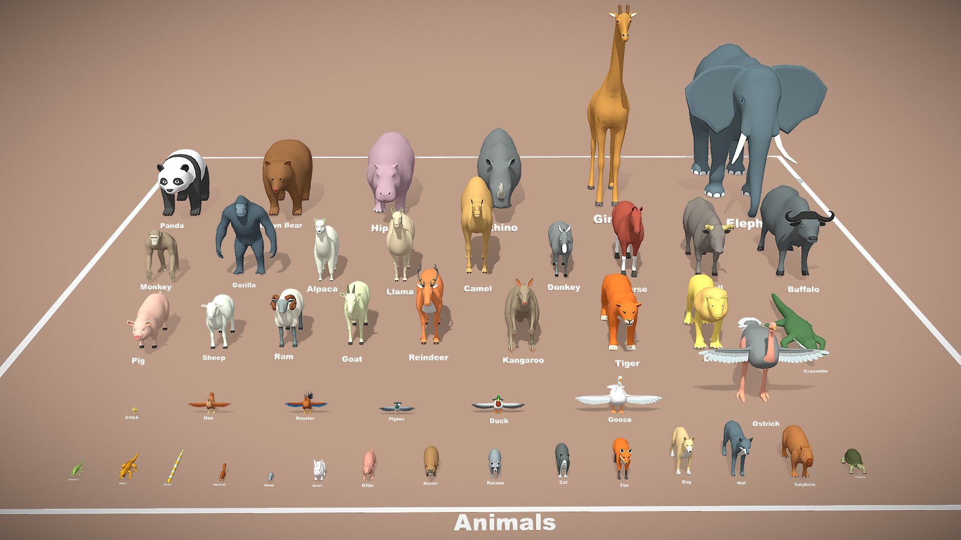 Hello from PolyOne Studio!
Introducing a starter collection of 46 animals carefully selected from our complete pack. Designed to help you reduce costs while still covering a wide range of project needs. Perfect for games, animations, cartoons, 3D printing, and other creative projects.



Features:





Clean quad-only topology 

Accurately scaled

Even quad distribution

Consistent loop-cut density 

Detailed facial and limb features

Low-poly optimized

Simple color materials 

UV mapped and ready for rigging

Follow us, new packs coming out, updates, promotions &amp; tutorials:





Official Site: polyonestudio.com




Email: polyone.studio@gmail.com




For support, questions, or custom requests, feel free to contact us anytime. We truly appreciate your feedback and support. Thank you!