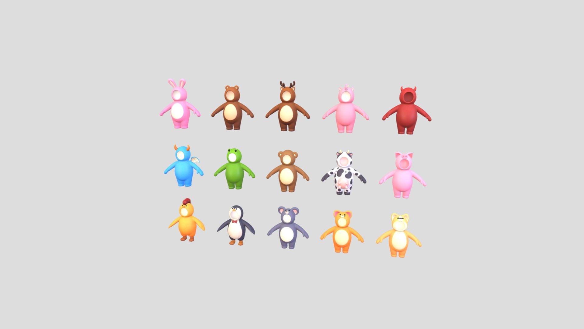 Cartoon Suit Pack 3d model.      
    


File Format      
 
- 3ds max 2024  
 
- OBJ  
 
- FBX  
   


Include 15 models  





Rabbit Suit   
 

Bear Suit   
 

Deer Suit   
 

Unicorn Suit   
 

Devil Suit   
 

Monster Suit   
 

Frog Suit   
 

Monkey Suit   
 

Cow Suit   
 

Pig Suit   
 

Chicken Suit   
 

Penguin Suit   
 

Rat Suit   
 

Cat Suit   
 

Dog Suit   
  
 

Clean topology    

No Rig             

No Texture      

Non-overlapping unwrapped UVs        
 
