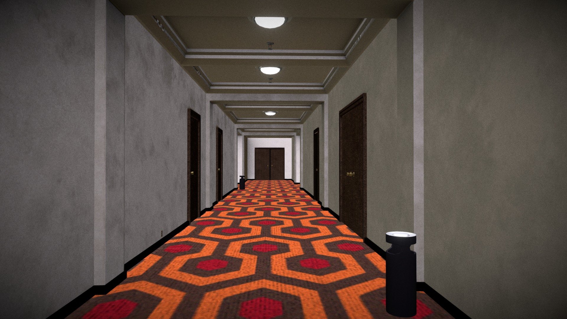 The famous Overlook Hotel Corridor from the Movie The Shinning (1980)  I made it for a 3D Modelling Challenge it is ready for a game engine even I use it for unreal it has 10364 verts 7569 polys and 14890 tris in total and the textures are 2048 x 2048 and each Asset includes Diffuse, Metallic, Normal and Roughness and the map includes Emissive an d the floor doesn't have Metallic or Roughness and the file formats are MB, FBX and OBJ if you need game assets or STL files I can do commission works.