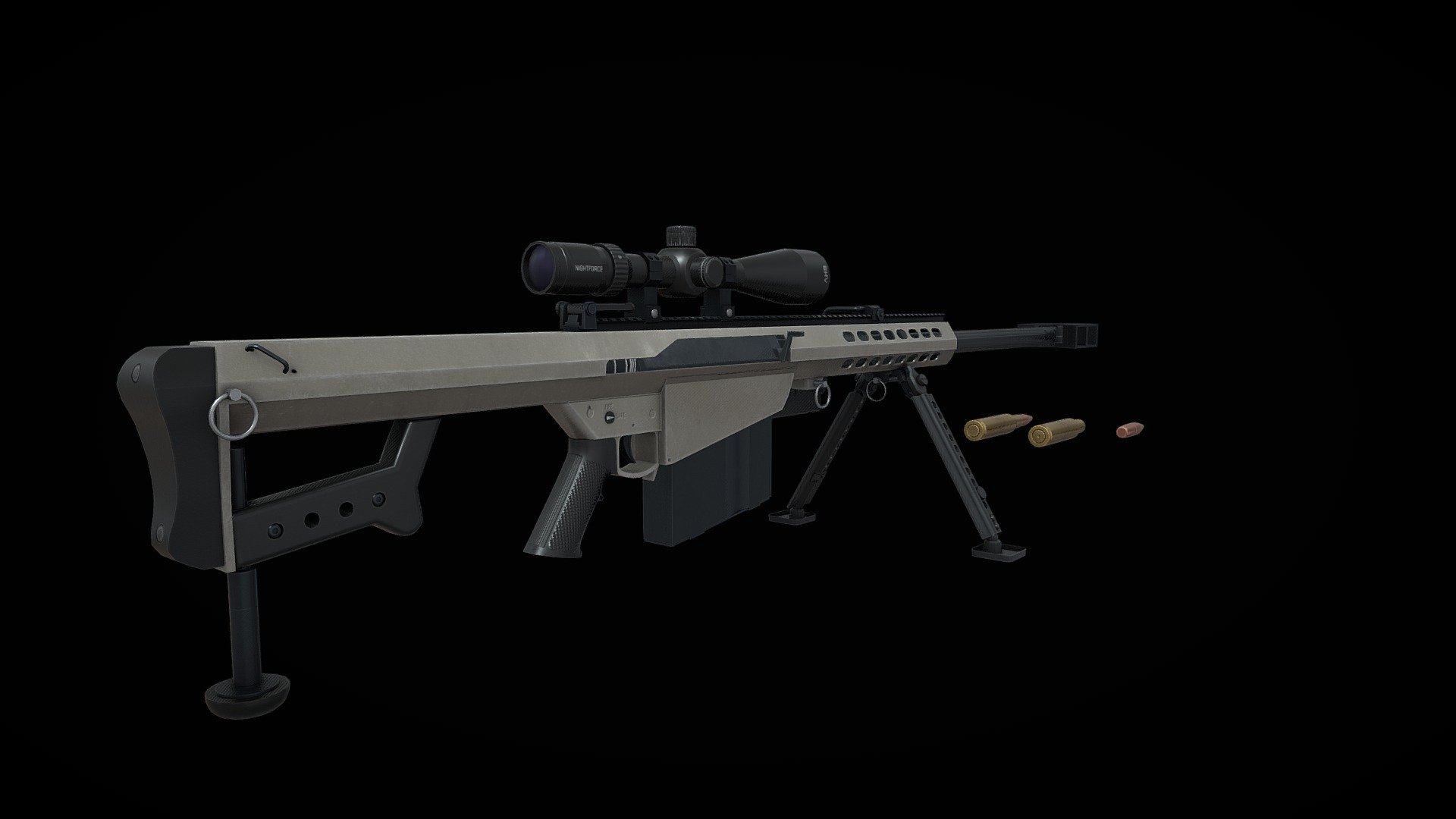 Barrett M82 A1 NightForce SHV 4-14x50 F1 Scope Magazine and .50 Cal Rounds.

Barrett gun has 3 materials, Scope has 1 material and the magazine and .50 cal cartridge has 1 shared material with 4k textures.

M82 Main Body : 31,718 Tris
Night Force Scope : 13,469 Tris
M82 Magazine :  3,466 Tris
.50 BMG, 12.7×99mm NATO Cartridge : 1,434 Tris
.50 BMG, 12.7×99mm NATO Bullet : 702 Tris
.50 BMG, 12.7×99mm NATO Cartridge (Fired) : 732 Tris