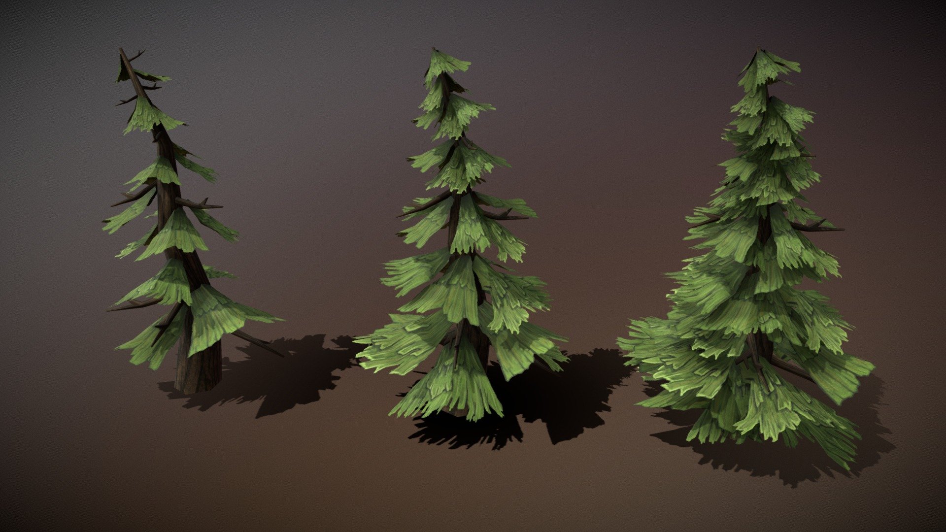 3 versions of stylized pine trees, made with blender.

The leaves were hand painted in photoshop.