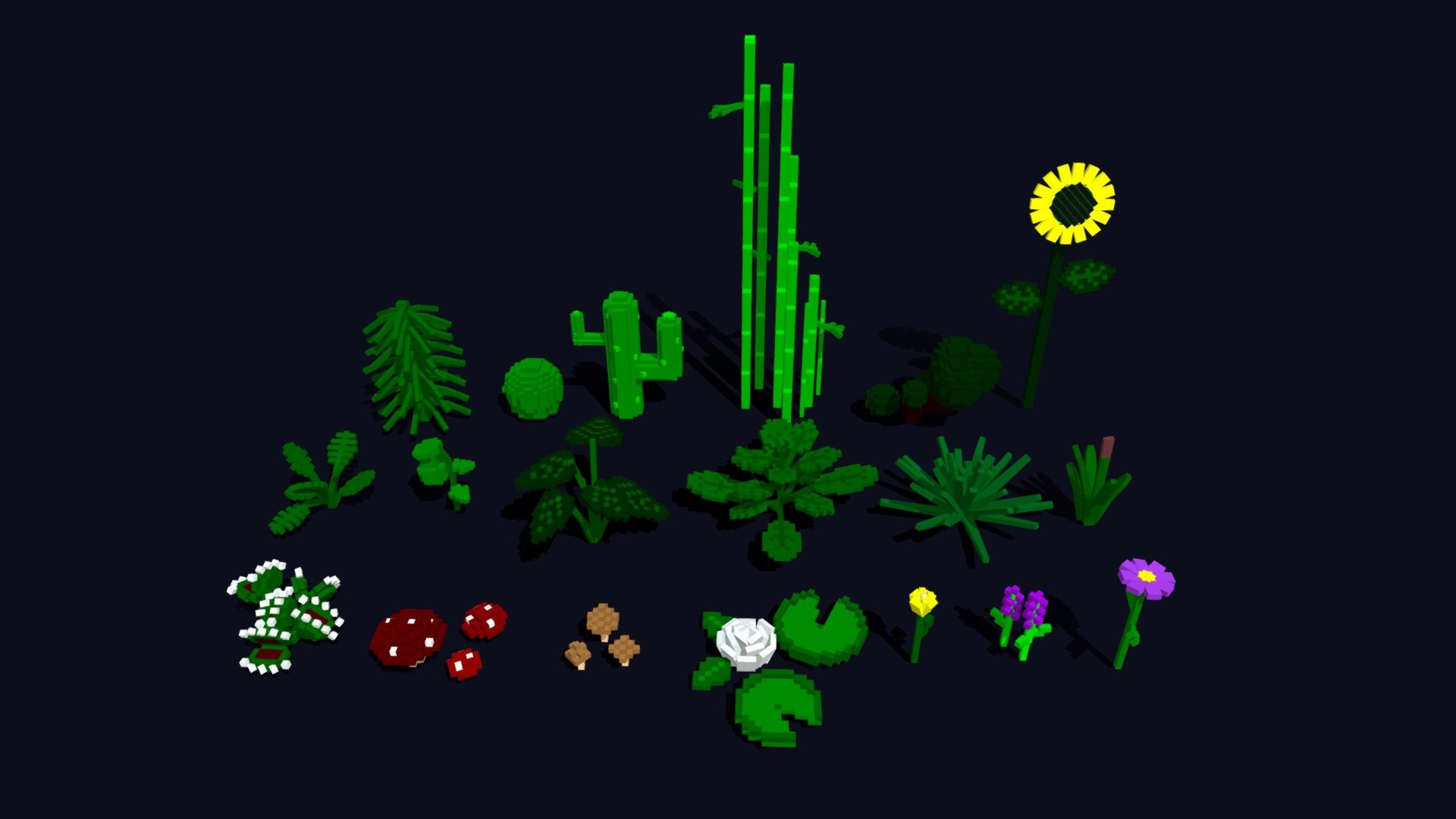 Plants Pack made in voxel style !



Contains 50 items and will get updated with more items !

Low Poly Stylized plant for your game.

All Plants that are on Plants Collection will include on that pack !

NOW from $30 to $20

---------------------------------------------------------- Content : ----------------------------------------------------------

50 Models




Plants 

Flowers 

Bamboo 

Mushrooms 

Carnivorous Plant 

Cactus 

Water Lilies

etc

*Flowers comes in many color variations like




Red

White

Orange

Pink

Blue

etc

By MrMustache
