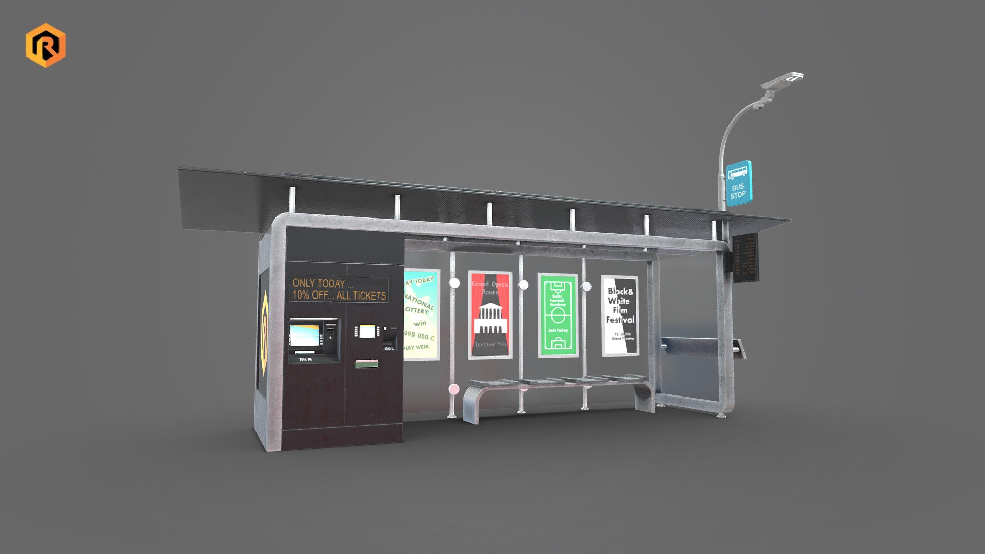 Low-poly PBR 3D model of Smart Bus Stop (or Smart Bus Shelter). Smart bus stops and shelters, in addition to improving the public transport experience for passengers, contribute to creating smarter and greener cities.

This 3d model is best for use in games and other real-time applications such as Unity or Unreal Engine.   

Technical details:




3 PBR textures sets (Main Body, Emission, and Glass)

7970 Triangles

Model is one mesh.

Model completely unwrapped

Lot of additional file formats included (Blender, Unity, Maya etc.)

PBR textures details:




4096 Main Body texture set (Albedo, Metallic, Smoothness, Normal, AO)

4096 Emission texture set (Albedo, Metallic, Smoothness, Normal)

2048 Glass texture set (Albedo, Metallic, Smoothness, Normal)

More file formats are available in additional zip file on product page.  

Please feel free to contact me if you have any questions or need any support for this asset.

Support e-mail: support@rescue3d.com