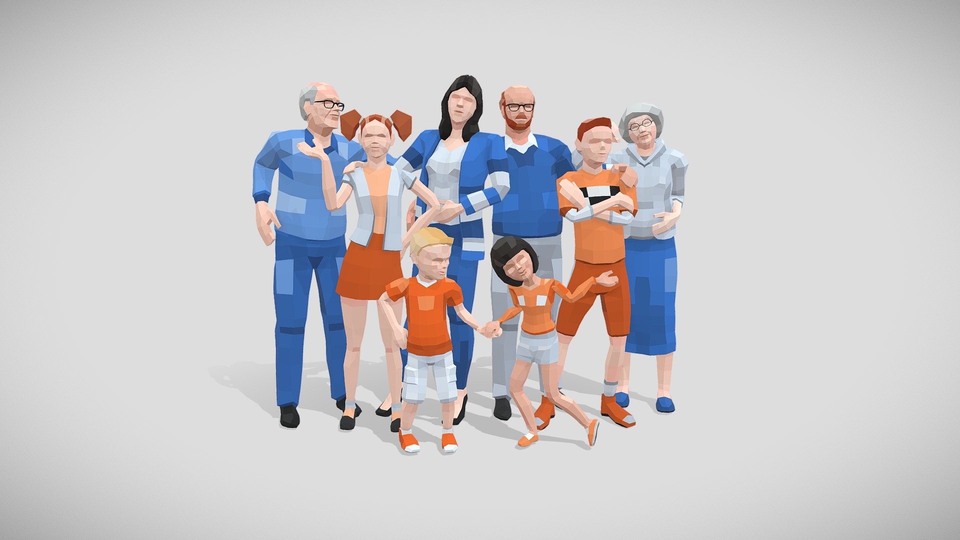 LowPoly Style family group of 8. Optimized for AR/VR and mobile and web apps.  Created with 3ds Max 2022.
Download Additional Files all individual rigs as .MAX, .FBX.

Texture customization easier than ever:


Tested with Unity for compatibility with Humanoid System.
Rigged with 3ds  Max Biped and Skin modifier.
Any set of models can share a unique texture, costumize and apply as you wish.

Source PSD texture included, layers organized in folders.