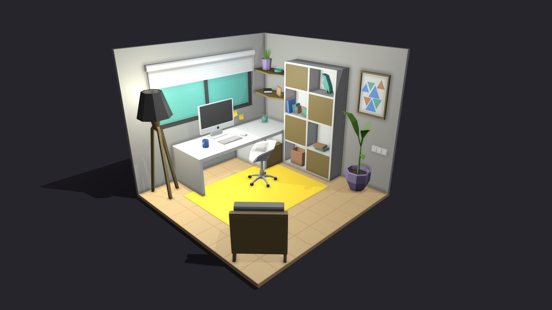 Low poly room is ready to be used for games, rendering and advertising.

This is an office room complete with furniture. Measures 5 m x 5 m.

This set includes 23 unique props: table / computer / chairs / curtains / plants / books / accessories and much more!

Technical details:

The whole room has:




Vertex: 3 655

Faces: 3 194

Tris: 6 185

Has only one color texture (2048/1024/512/256 /128px) and one material for the entire game set.

Unwrapped UVs - Overlapping.

files: blender \ fbx \ obj 

Feel free to download it and leave your reviewes, comments and likes. This will help us create more products for you :)