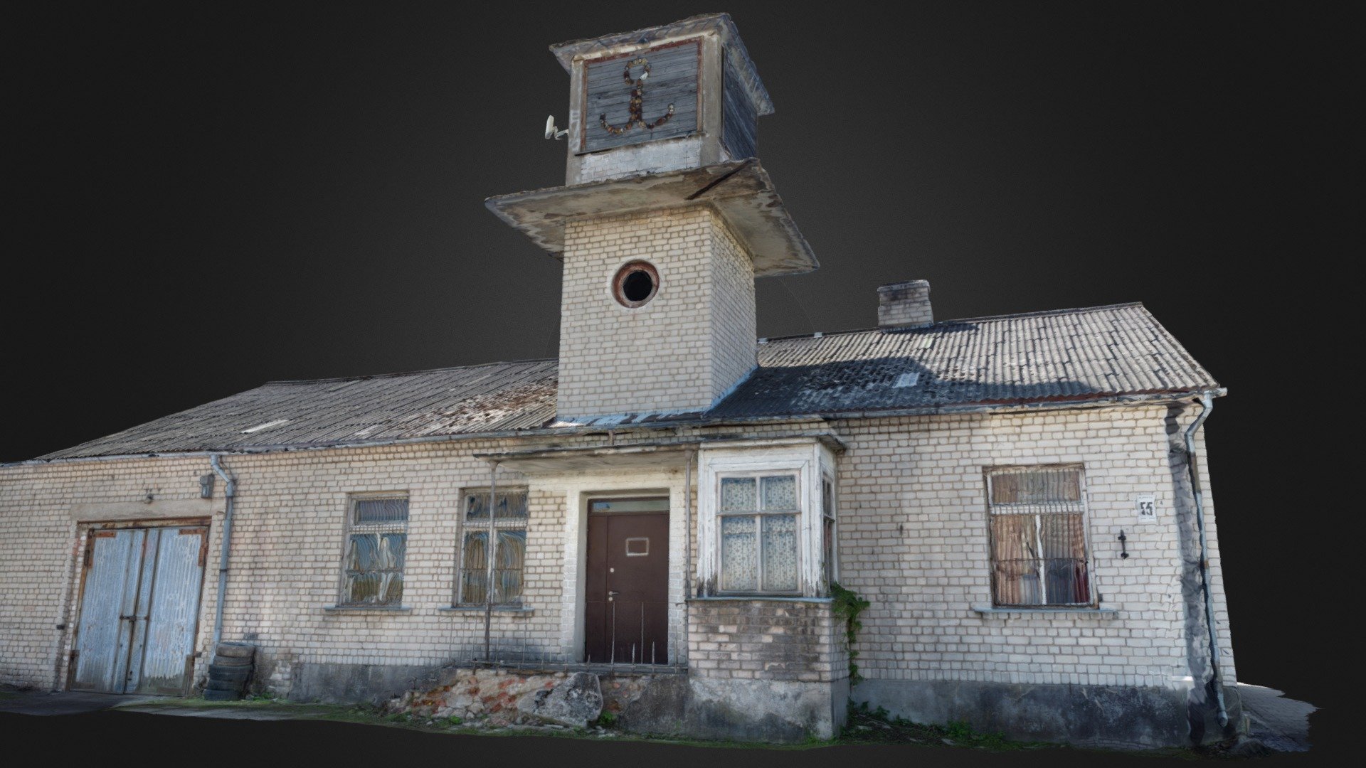 Photoscan of an old building with gray bricks and a tower.

Wooden windows, big wooden door. 

With normal map.
