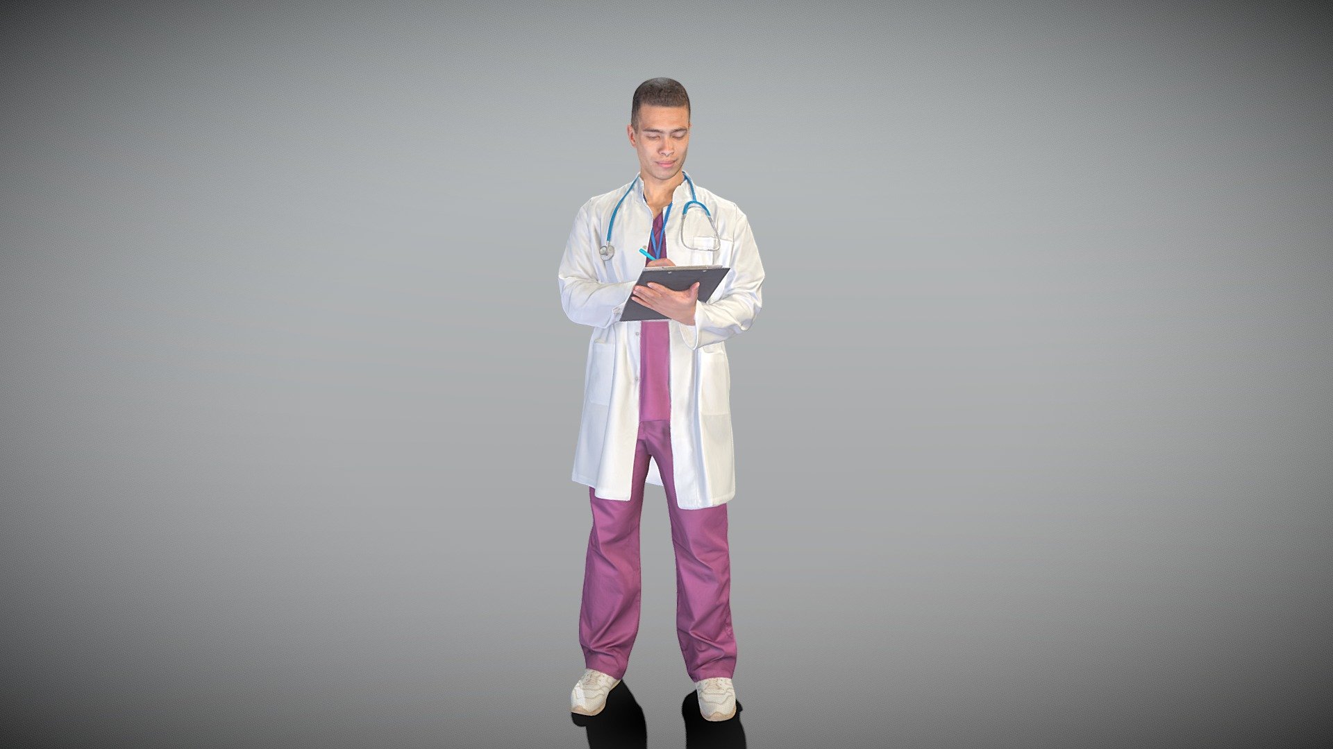 This is a true human size and detailed model of a handsome man of Caucasian appearance dressed in a medical uniform. The model is captured in typical professional pose to perfectly match a variety of architectural and product visualizations, be used as a background or mid-sized character in advert banners, professional products/devices presentations, educational tutorials, VR/AR content, etc.

Technical specifications:




digital double 3d scan model

150k &amp; 30k triangles | double triangulated

high-poly model (.ztl tool with 5 subdivisions) clean and retopologized automatically via ZRemesher

sufficiently clean

PBR textures 8K resolution: Diffuse, Normal, Specular maps

non-overlapping UV map

no extra plugins are required for this model

Download package includes a Cinema 4D project file with Redshift shader, OBJ, FBX, STL files, which are applicable for 3ds Max, Maya, Unreal Engine, Unity, Blender, etc.

3D EVERYTHING

Stand with Ukraine!