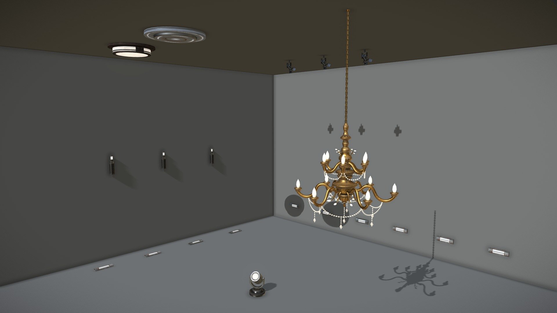 7 different light props for decorating your environment.

Chandelier
7722 Triangles

PNG Texture:

Set1: Both Chandelier and Chain 2048 x 2048
(Albedo, Normal, Specular, Emission and AO)

Set2: Chandelier 1024x1024 Albedo
512x512 Normal, Specular, Emission and AO

Chain 256x256 (Albedo, Normal, Specular and AO)

Ceiling Light
192 Triangles

PNG Texture: 2048 x 2048
(Albedo, Normal, Specular, Emission and AO)

Ceiling Light Rust
 224 Triangles

PNG Texture: 2048 x 2048
(Albedo, Normal, Specular, Emission and AO)

Floor Light
112 Triangles

PNG Texture: 2048 x 2048
(Albedo, Normal, Specular, Emission and AO)

Floor Light Rust
112 Triangles

PNG Texture: 2048 x 2048
(Albedo, Normal, Specular, Emission and AO)

Spotlight A
176 Triangle

PNG Texture: 512 x 512
(Normal, Specular, Emission and AO. Can use Emission as Albedo if needed)

Spotlight B:648 Triangles

Walkway Spotlight:304 Triangles

Share same texture set
PNG Texture: 1024 x 1024
(Albedo, Normal, Specular, Emission and AO)