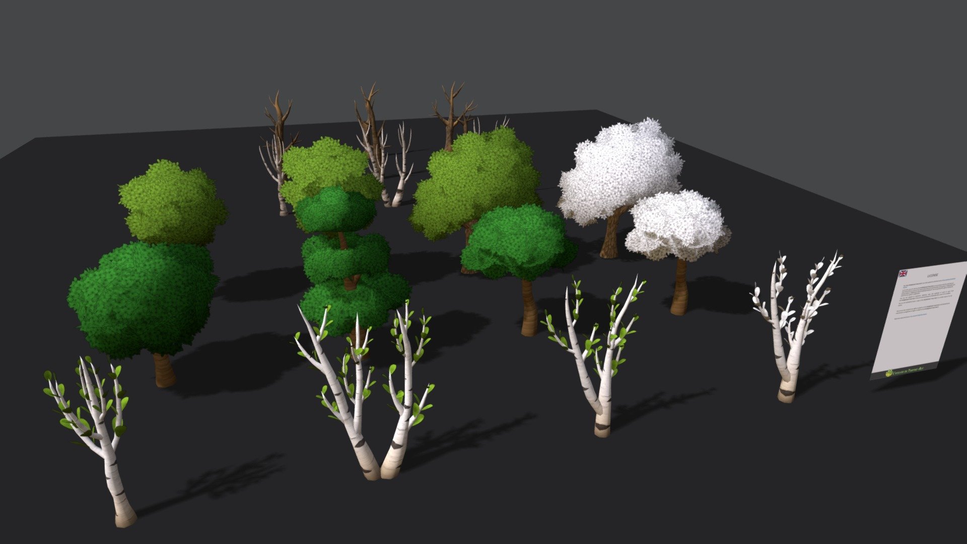 It is a lighter version of Handpainted Forest Pack




OPTIMIZED FOR PC (LOD for all assets)

COLOR CUSTOMIZATION: White textures allow you to apply the color you want if your shaders allow it or from Photoshop.


Package contains 18 meshes
3 Beeches, 3 Birches, 3 Oaks, 3 Dead Beeches, 3 Dead Birches, 3 Dead Oaks.


Textures
9 textures of 2048-2048 px

License included in texture  for clarity