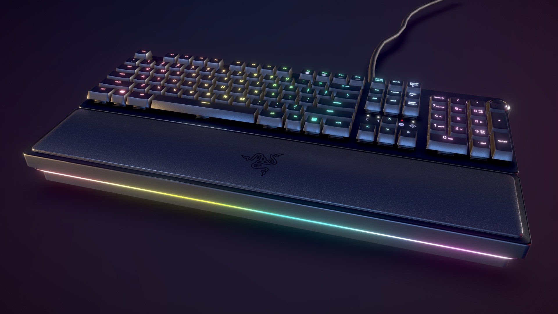 Mechanical keyboard, fit for interior renders, VR/AR , with a PBR workflow, and even suitable as a game asset (Due to object complexity, asset might not be ideal for some low-poly cases).

Model contains a Zip file, with:




3 Versions for every file format: Beveled - suitable for subdivision and/or smooth shading, Unbeveled - intended as a background object, unsuitable for subdiv/ smooth shading but with a smaller amount of vertices, Subdivided - subdivided in advance;

Tailored textures with multiple resolutions (2K, 4K, 6K) for a PBR Metalness workflow, such as DIFFUSE/METALLIC/ROUGHNESS/NORMAL;

Both OpenGL and DirectX normal maps;

An additional preview scene with a camera, lights, and a background;

All model versions have UV unwrapping, appropriate pivot/origin points and object parenting;

Formats: 




fbx.

obj.

dae.

blend.




Scale: Real World

Dimensions cm: 44 x 23 x 48 (17.3 x 9 x 18.8'&lsquo;)

Model parts: 4 - Base, wrist rest, cable and keys (has multiple islands)
