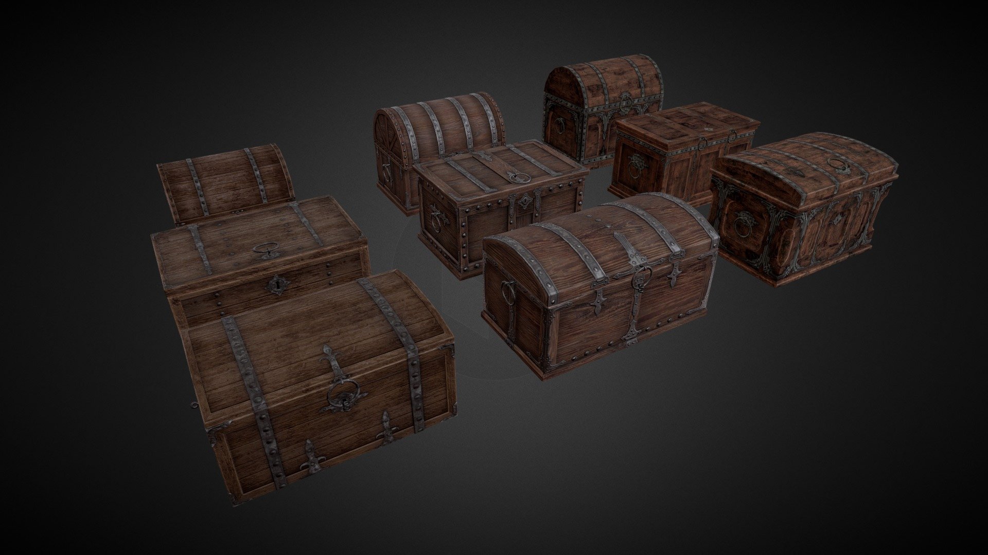 Low poly game ready Chests/crates. 3 levels with 3 chest types each.

Textures included, .PNG format, 4k resolution:
Color/albedo map + alpha channel; 
Normal y+ maps; 
RSM - roughness, specular, metallic - maps;