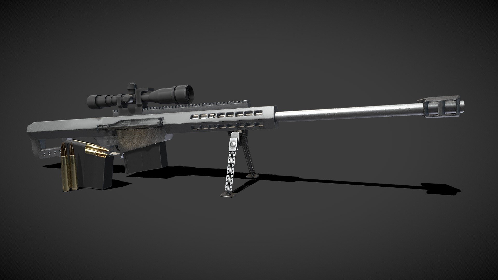3D model of the Barrett 50. Cal Sniper Rifle made in Maya and textured in Substance Painter,
Model is completed with extra magazines and 50. cal bullets.