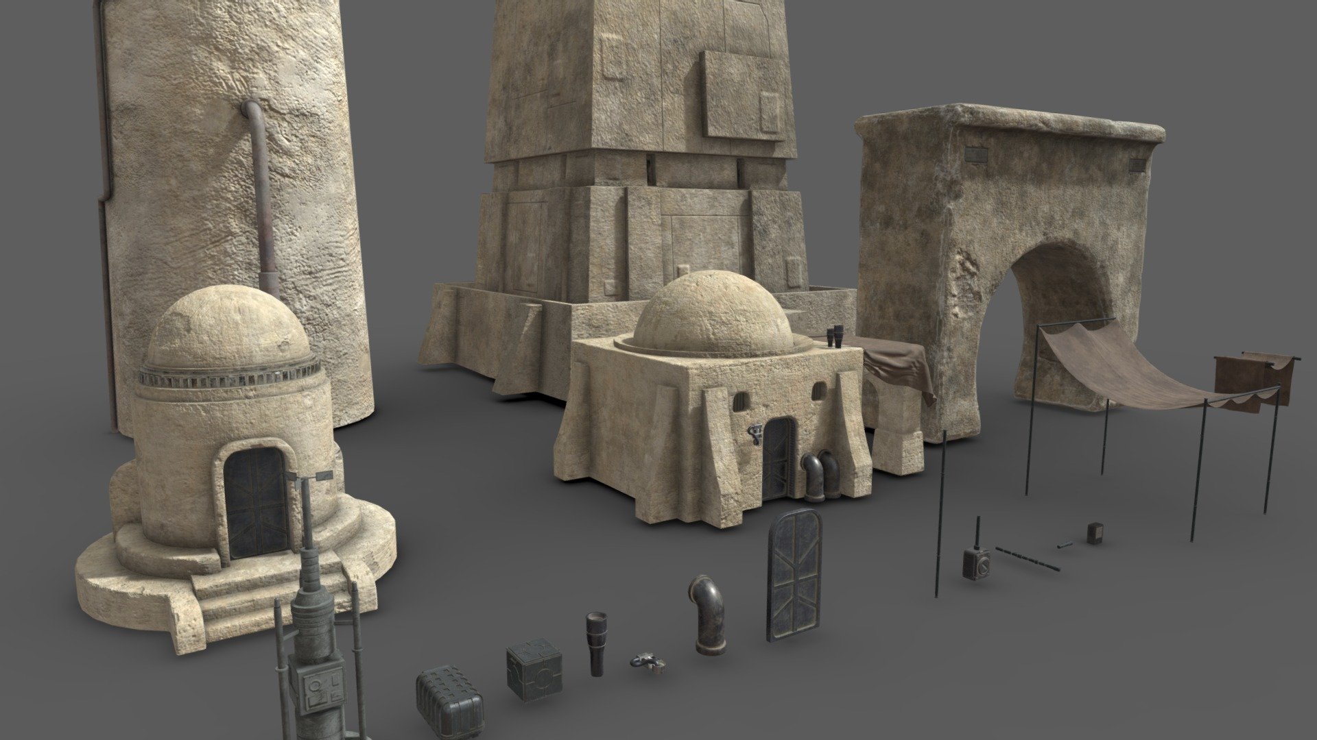 Star wars kitbash pack

a collection of architecture and props from Mos Eisley, Tattoine from star wars

4K, 2K PBR textures