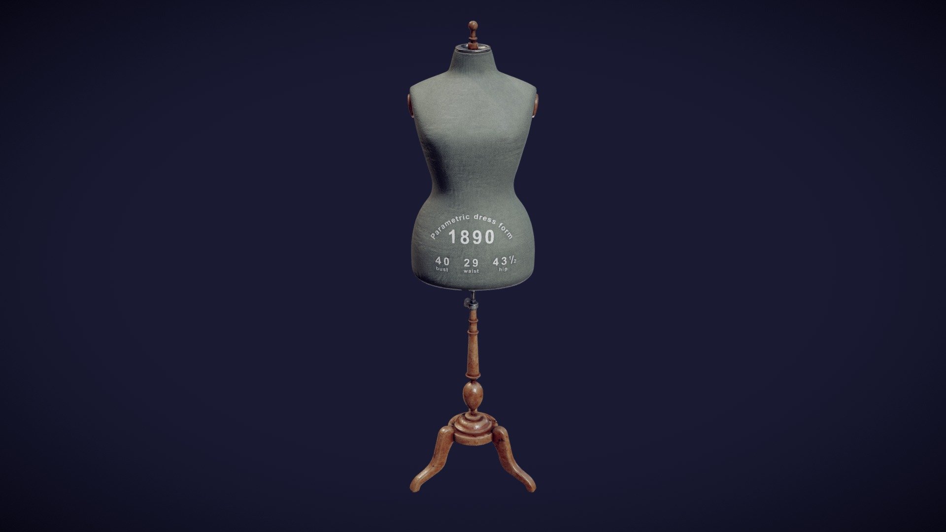 The 3D model presents a historical mannequin (a dress form) dating to 1890. The virtual mannequin was generated automatically by using a new method of parametric modelling (for further details see https://doi.org/10.1108/IJCST-06-2019-0093). The values of body measurements were taken from a sizing table published in “The Cutters Practical Guide to the Cutting of Ladies’ Garments” (V.D.F. Vincent, 1890). The measurements of the mannequin are: bust – 40 inches; waist – 29 inches; hip – 43.5 inches. A video presentation of the 3D model is available at https://youtube.com/playlist?list=PLCTQCzEpoeLvTramFMrmp93PEDaIVTLKR&amp;feature=shared 

The authors of the 3D model are

Aleksei Moskvin https://independent.academia.edu/AlekseiMoskvin

Mariia Moskvina https://independent.academia.edu/MariiaMoskvina

(Saint Petersburg State University of Industrial Technologies and Design)

The authors thank scientists from Ivanovo State Polytechnic University for providing information on historical mannequins.