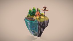Floating Island trees, fireplace, forest, grass, totem, island, native, american, water, nature, floating, tomahawk, bushes, teepee, handpainted, stylized, rock, boat, noai