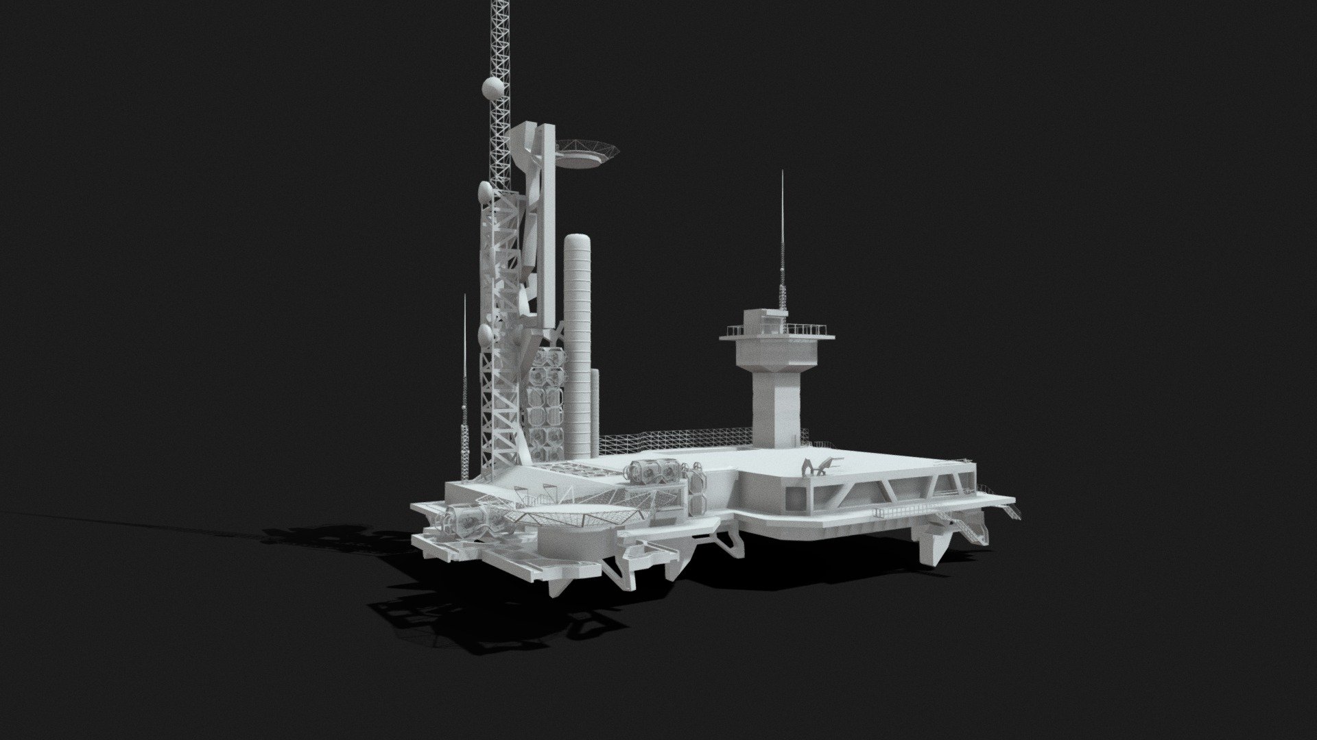 futuristic concept art spaceship launch pad, with different parts that can be reused as kitbash assets for other projects