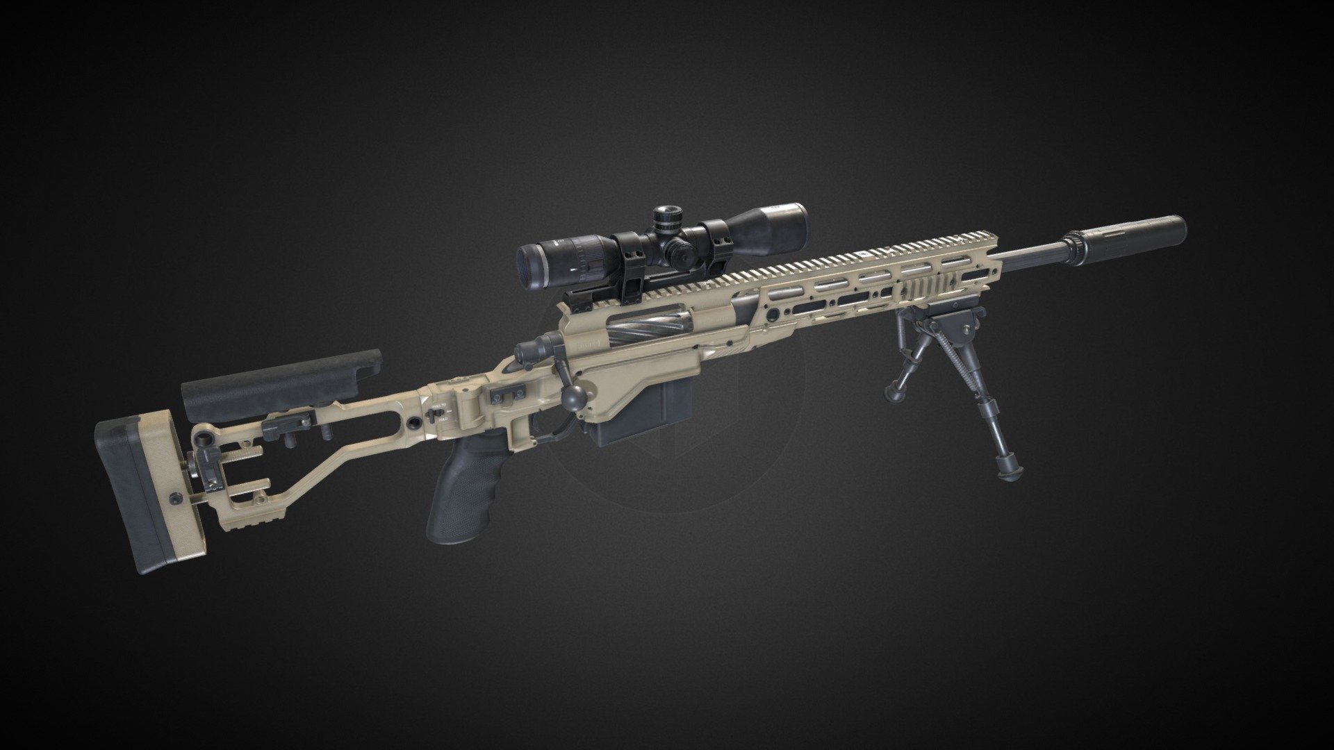 Rifle based on Remington Accessory Chassis System (RACS) contracted for USA SOCOM around 2013 by Surgeon.  

Model is rigged, but there is also version with separated parts.  

Rifle it self have 3 PBR Materials in 4K. Scope, bipod and suppressor have separated Materials. Black, FDE and tanodized/gold colors are included.

Verts: 30.6K / without addons: 21.5K

Tris: 60.4K / without addons: 42.8K  

Made in Blender.  

PS. For preview model I used 2K textures as due to all addons it would be tad big and heavy with all those 4K uncompressed textures.