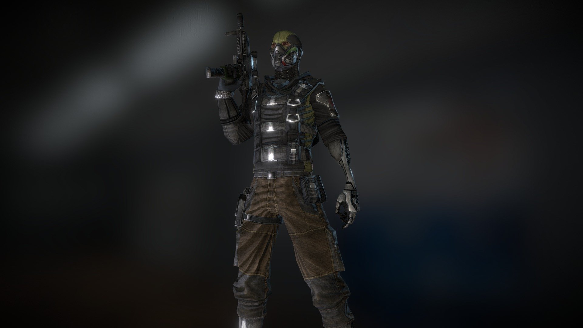 Merc
- Wanted to do an Urban Iran sort of take on a character like Snake Eyes from the GI Joe series. Designed, modeled, textured etc. by yours truly.

Hope you like it- if you have any questions feel free to ask :)

7464 Tris (Body 3604, Pistol 330, Submachine gun 650)
2k Texture map, Pistol 512, Submachine gun 512- Albedo, Normal, Metallic

Handpainted textures- Normal maps baked from Albedo.