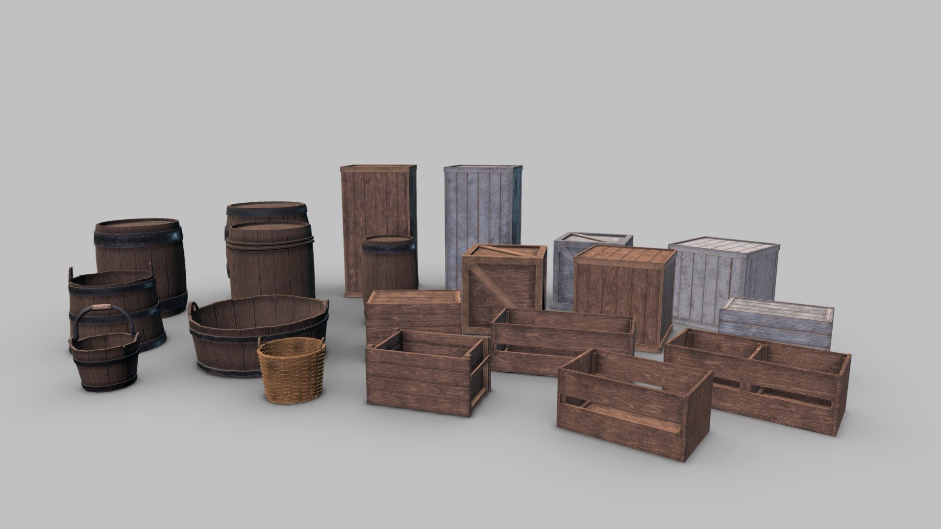 This low poly package of 20 different wooden, storage props contains: 4 barrels, 1 bucket, 1 basket, 1 tub, 1 vat, 8 crates (4 painted) and 4 open crates. Every model comes with a PBR material: Albedo, Roughness, Metallic, Normal and Ambient Occlusion, all 1024x1024 (an additional file with 512x512 textures is inclusive). Models done in Maya and the textures in Substance Painter.