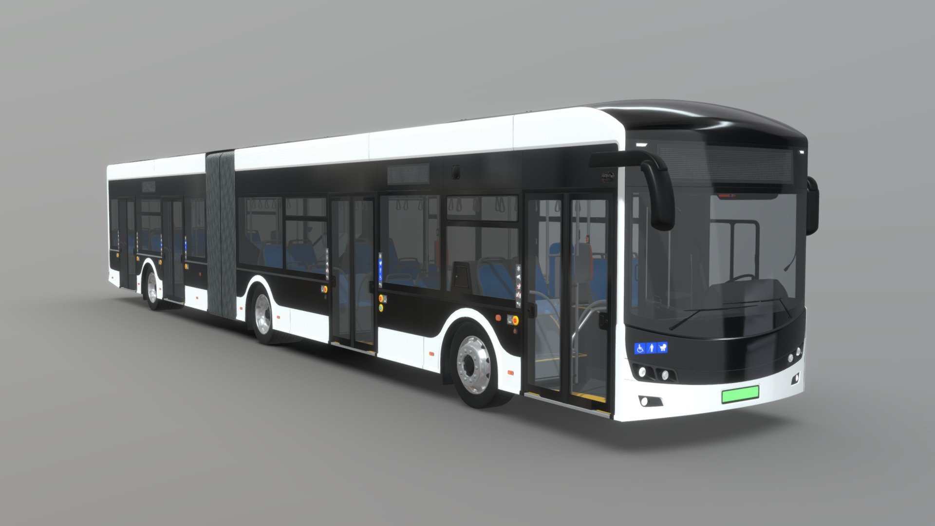 My first articulated bus based on the II generation of my low-floor, emission-free, electric city bus. Compared to the previous generation, the new model has undergone a slight lifting of the exterior. The interior has changed as well. By repositioning the engine and moving some of the batteries and other equipment to the roof of the bus, the number of seats was increased. The length: 18100mm, height: 3300mm. Number of seats: 45 (From the technical point of view, the steering wheel was seperated from the desk and is now a seperate object.)