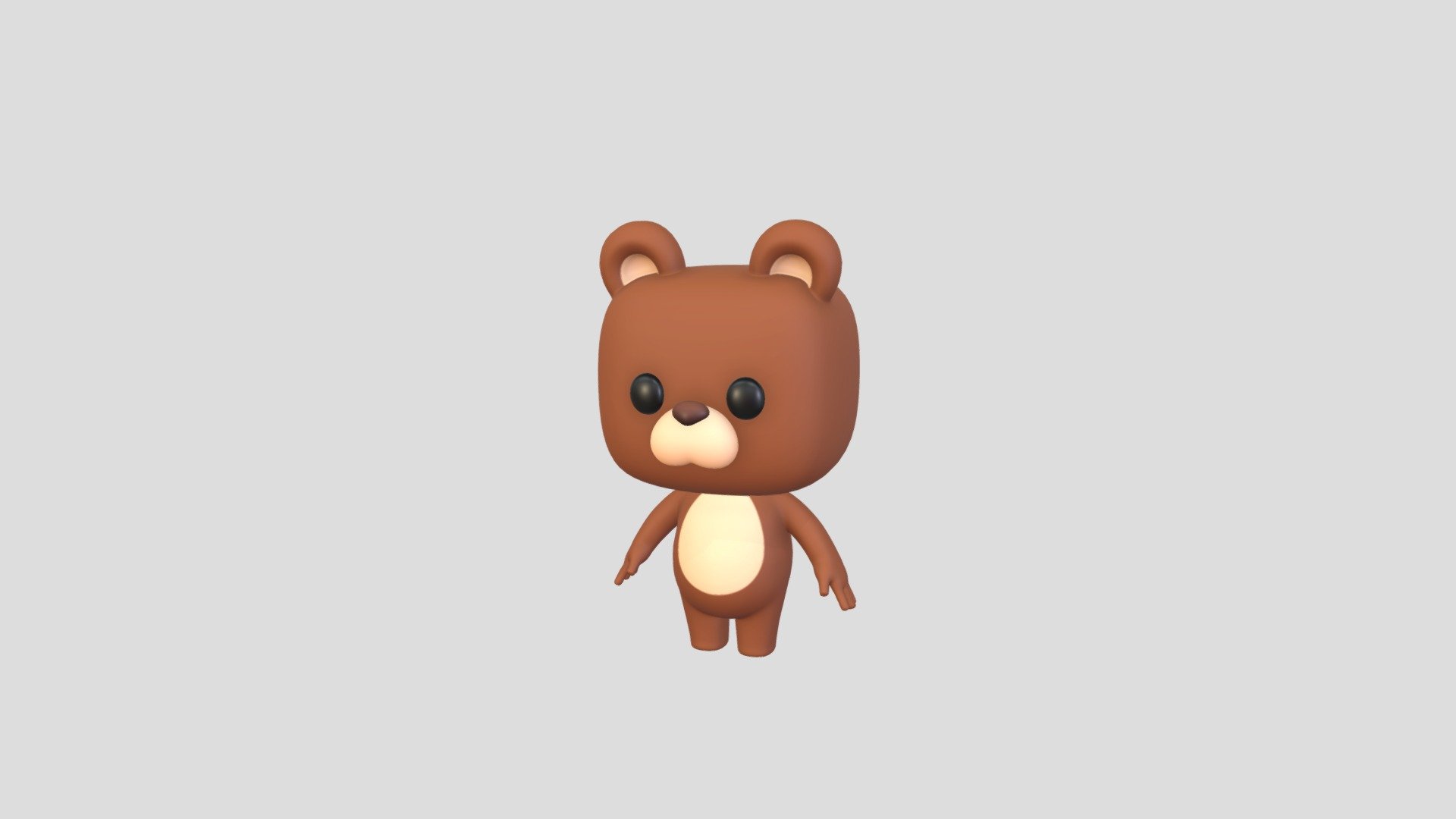 Cartoon Bear Character 3d model.      
    


Clean topology    

No Rig                          

Non-overlapping unwrapped UVs        
 
Ready for game engines 
 


File Formats       
 
3dsMax(2023) / FBX / OBJ   
 

PNG textures               

2048 x 2048 px               
 
( Base Color / Roughness ) 

                        

2,992 poly                         

3,044 vert                          
