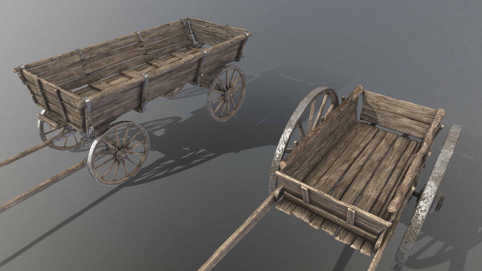 small duo Low poly old fashioned small and big haycart.

1 groupmesh (cart,back and wheels)
2 material of 4k (for each cart)

Also, contain my meshmaps of my baking result if you wish to make your own textures on it and the FBX with groupmodels.

Individual carts  -small- https://sketchfab.com/3d-models/small-oldfashioned-cart-5f66f36c1d0d41f3a385be01bfab2906
                              -big - https://sketchfab.com/3d-models/wooden-cart-8e3d1ad1562043148a93cb3d718e1806