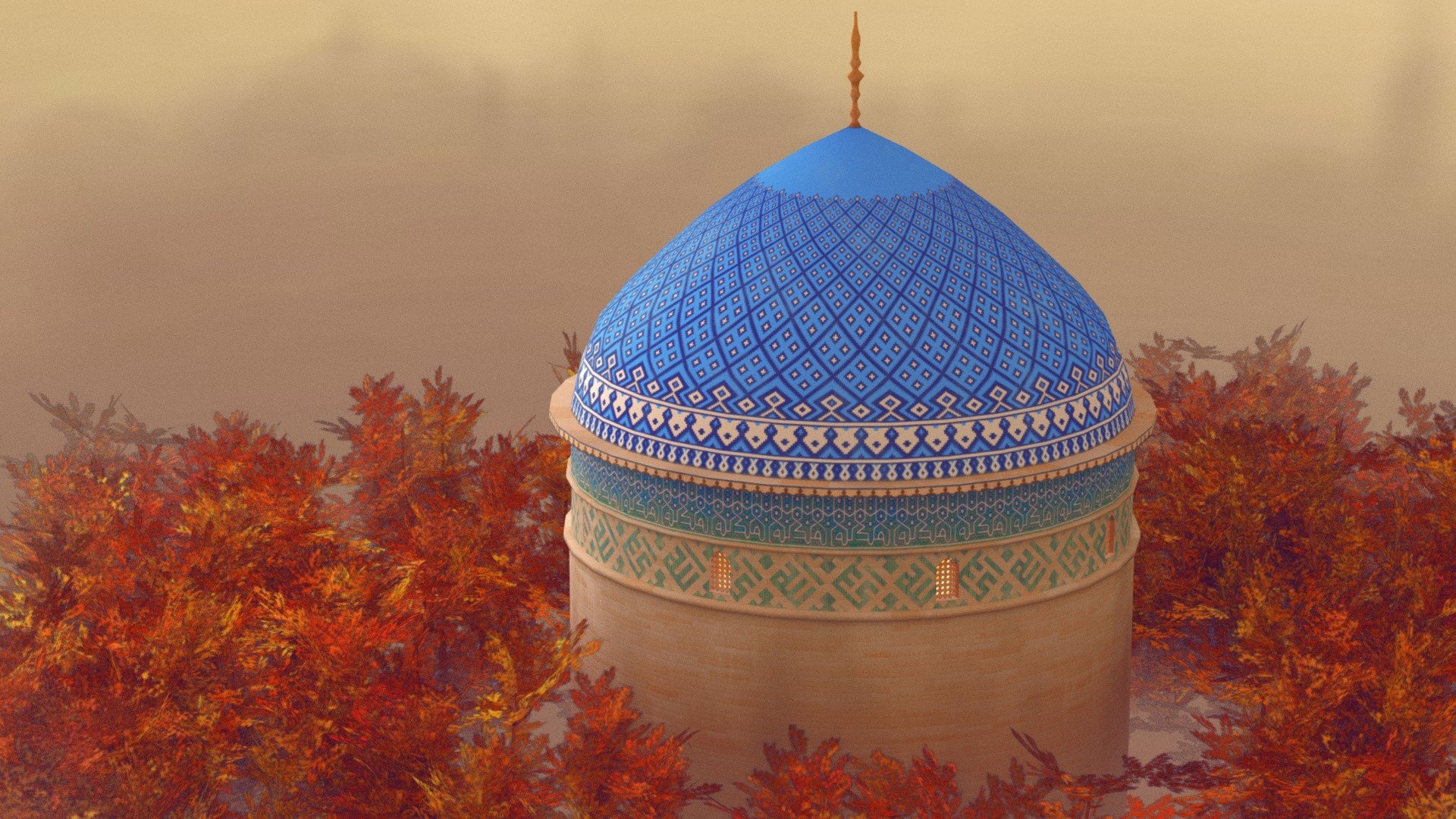 A fully procedural Islamic dome. Both the model and texture are procedurally done in geometry nodes and materials in Blender 3D. The dome design is based on the main mosque of Yazd. Yazd is a historic city in the center of Iran, and  a world UNESCO site. The city is iconic for its adobe houses and endless towers.

The tower itself has a Timurian (Tamerlane) architecture. The dome part contains a set of repeating geometrical patterns, followed by two sections of caligraphy. The upper part is knotted Kufic calligraphy, it says Mecca ( مکه), the holy city of Islam. The second row is square Kufic calligraphy, reading Allah and another word I cant read. 
You can grab the Blend file to here for your own use https://github.com/IRCSS/Procedural-Islamic-Dome-Generator