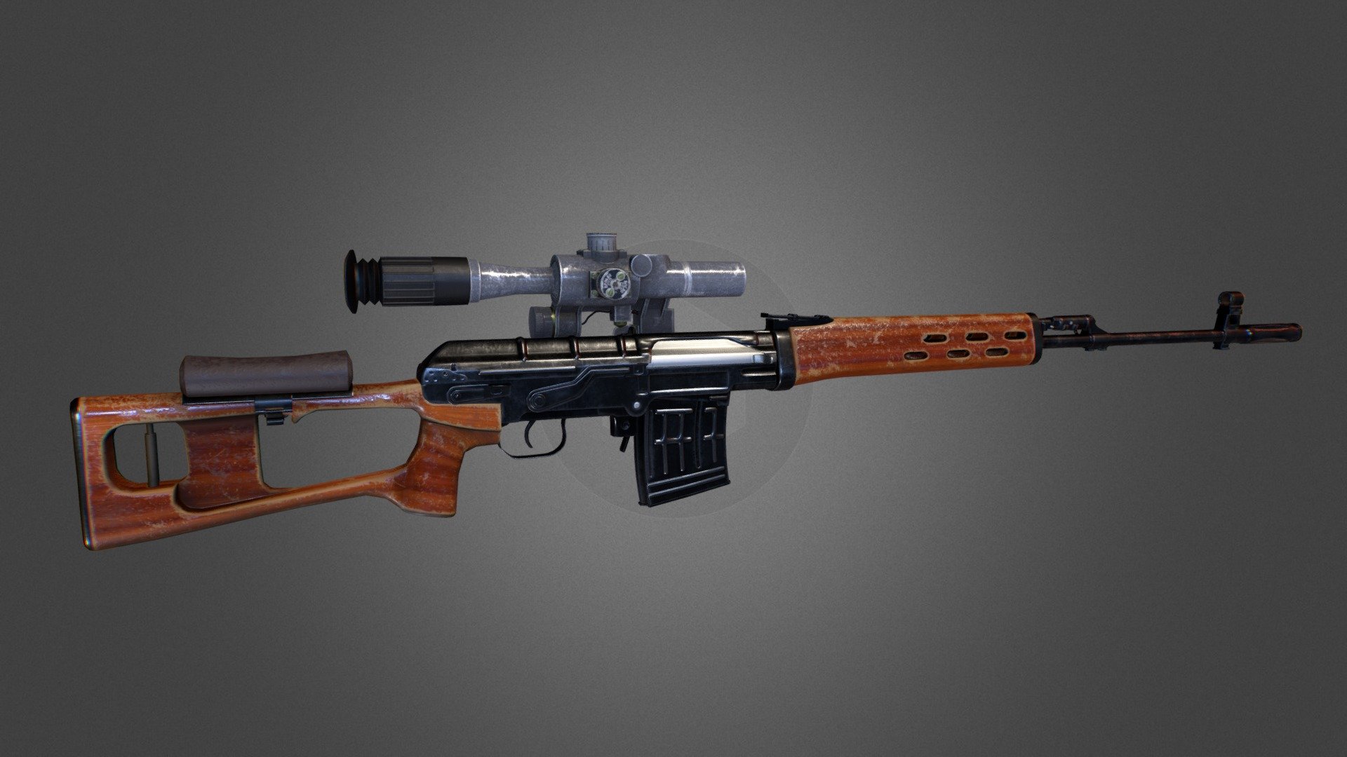 

Dragunov Sniper Rifle - SVD low-poly 3d model ready for Virtual Reality (VR), Augmented Reality (AR), games and other real-time apps.

The Dragunov sniper rifle (formal Russian: 1963 Snayperskaya Vintovka sistem'y Dragunova obraz'tsa 1963 goda (SVD-63), officially &lsquo;Sniper Rifle, System of Dragunov, Model of the Year 1963') is a semi-automatic sniper/designated marksman rifle chambered in 7.6254mmR and developed in the Soviet Union.





Game ready model. All objects subdivided for animations, correct pivots.




Full PBR Metalness textures:




Rifle 4096x4096 : 



Albedo 

Normal 

Roughness 

Metallic 


AO




Scope 2048x2048:






Albedo 

Normal 

Roughness 

Metallic 

AO

