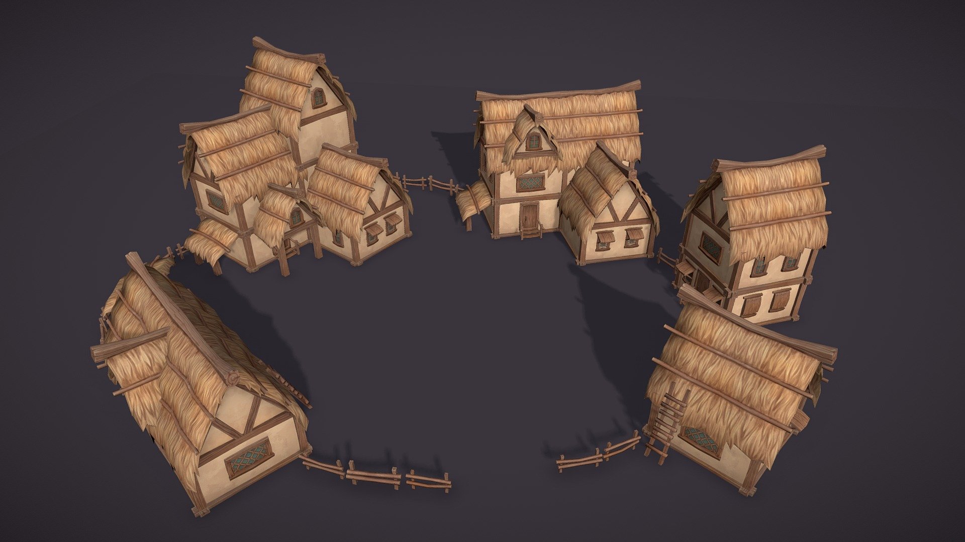 Low poly hand painted constructor for creation medieval thratched roof houses. Added 5 custom houses ready for mobile games




.fbx format

4000 polys in biggest house

5 models of houses, shelter, fence 

texture: diffuse map 1024px in .png format

20 parts set for creating new houses: roof, wall, fence, door, window and others

If you have any troubles be free to write me