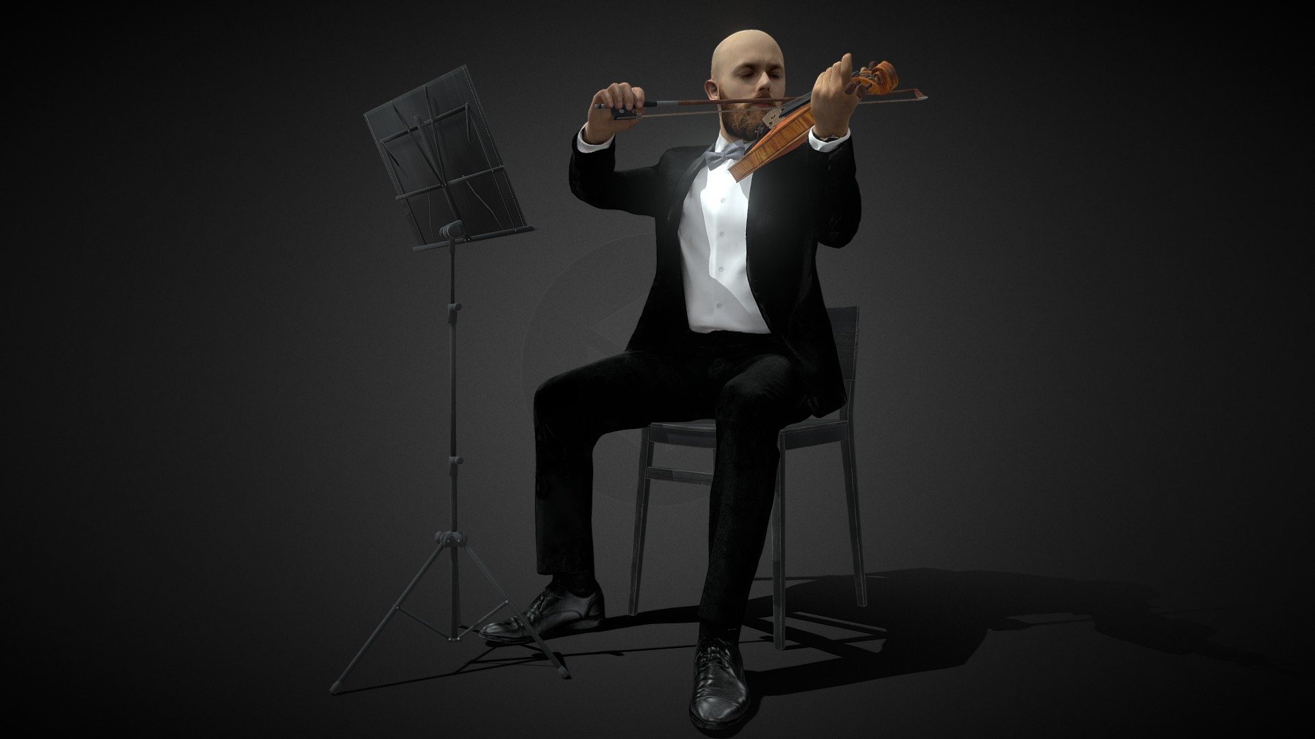 You can buy ALL models here: https://www.bonboniere3d.com/
follow us for NEWS here: https://www.facebook.com/Bonboniere3d/

Use this model for range from 5 to 50 meters from camera position.

Materials are V-Ray 3.3 ready.
Only diffuse texture used.

Scene is in cm. Model has real world scale.

Exchange formats:

3DScan_Man_029_max.zip - includes 3ds Max and jpg file.
3DScan_Man_029_fbx.zip - includes fbx and jpg file
3DScan_Man_029_obj.zip - includes obj, mtl and jpg file.

Textures:

3DScan_Man_029.jpg - 4096x4096 resolution
bow.jpg - 1024x1024 resolution
bowtie.jpg - 2048x2048 resolution
chair_black_wood.jpg - 4096x4096 resolution
notes.jpg - 2048x2048 resolution
stand.jpg - 2048x2048 resolution
violin.jpg - 4096x4096 resolution

We are 3D visualization studio, and we have created this 3D model for our personal use. That is why we use only diffuse texture and this polygon count, because we know that this is best for our production. 

We dont need more polygons or any complicated material setups.