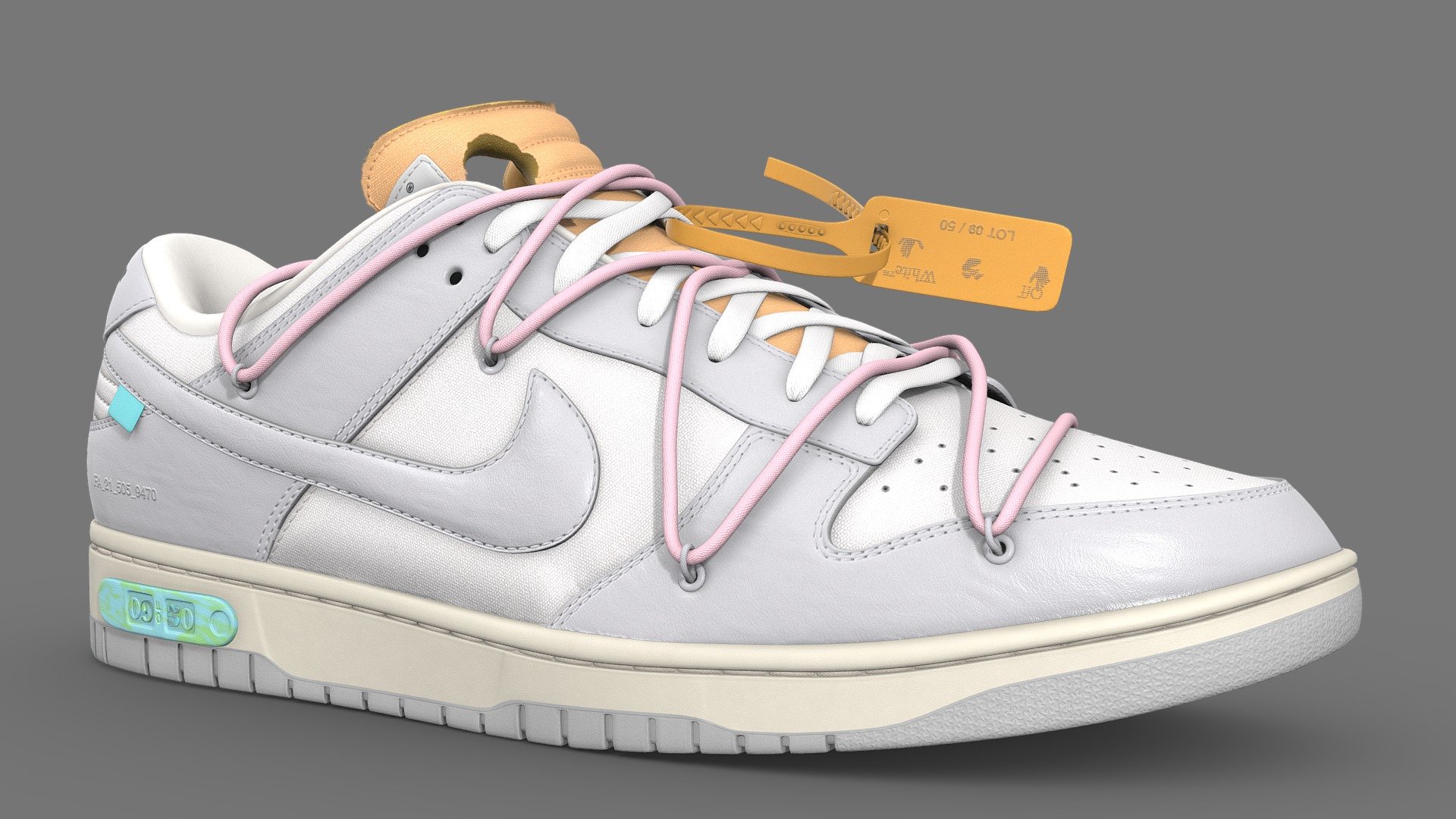 Off White collaboration with Nike on a Dunk Low, made in Blender, textured in Substance. Released in 2021. Colourful hits of orange and pink make this one of the most desirable shoe of the fifty

Every detail was made in the recreation of this shoe, from the text on the medial side of the shoe to the subtlety of each material, nothing went overlooked. Stitches were sculpted by hand to achieve the highest quality, and the frayed edge on the tongue of the shoe was created such that there would be no gap between the canvas fabric and foam

**What's included **  

Firstly, two versions of this model. The base version with 4 texture sets, and a One Mesh version that uses only 1 texture set. Both models are identical, only how they are unwrapped is different. There are two texture sets, with 4 maps, namely: Base Color, Metallic, Normal, and Roughness. I have included several other versions, such as High and Low Poly shoes All textures are 4096x4096. Meaning the One Mesh version has 4 2048x2048 textures.