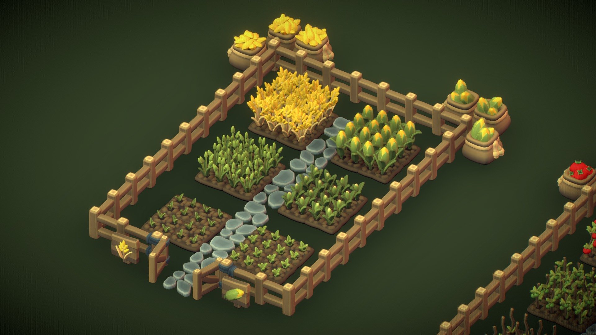 A set of tomato, carrot, salad, potato, corn and wheat crops, earth tiles and fence elements suitable for a farming game with 3 levels of detail. 


Disclaimer: These are quite high poly. Check the wire frame

This set is also included in the Cube World Full Set