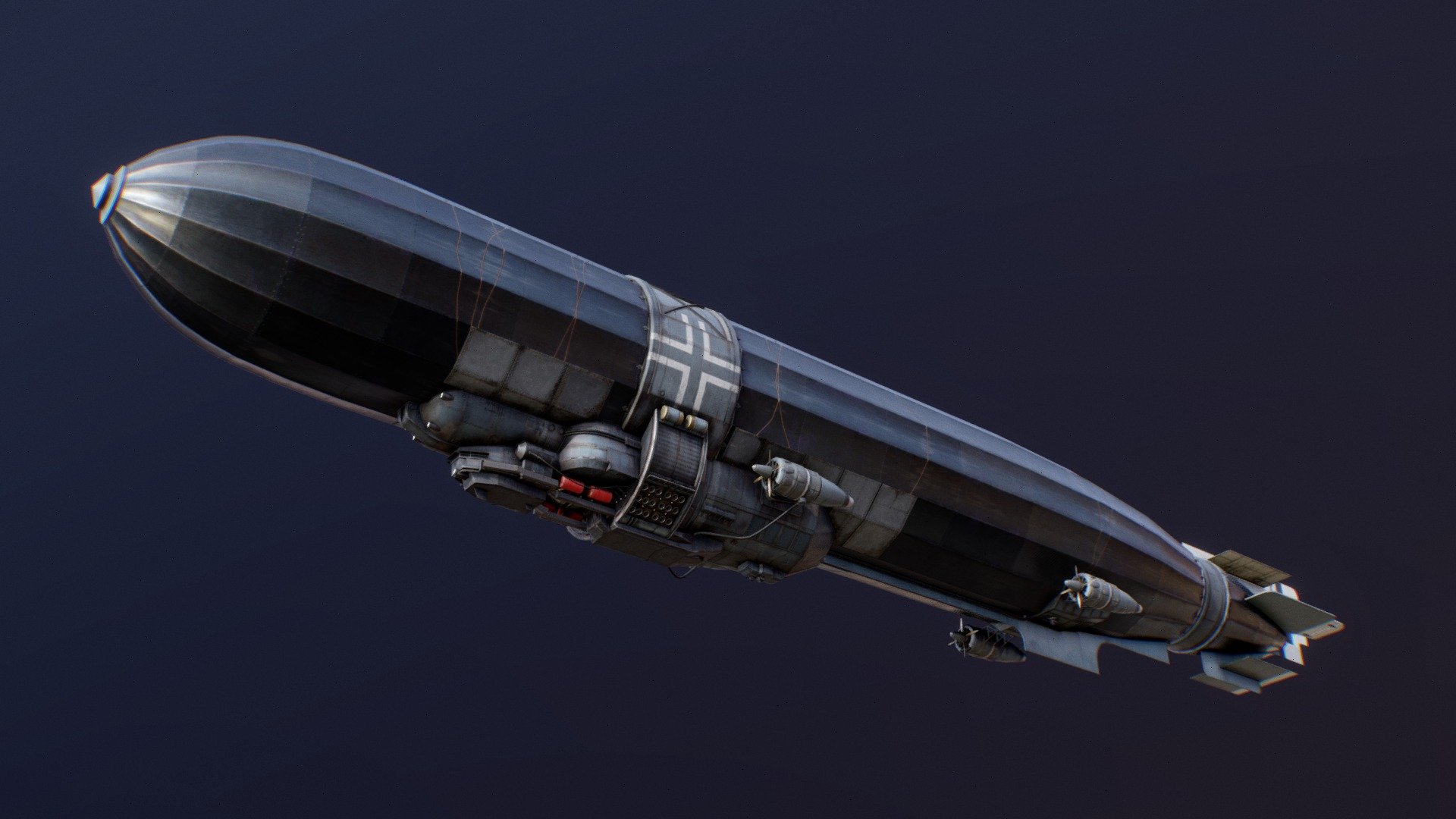 A (fictional) armoured zeppelin constructed and briefly used by Germany during the later stages of WWI as a specialized reconnaissance and bomber-craft.