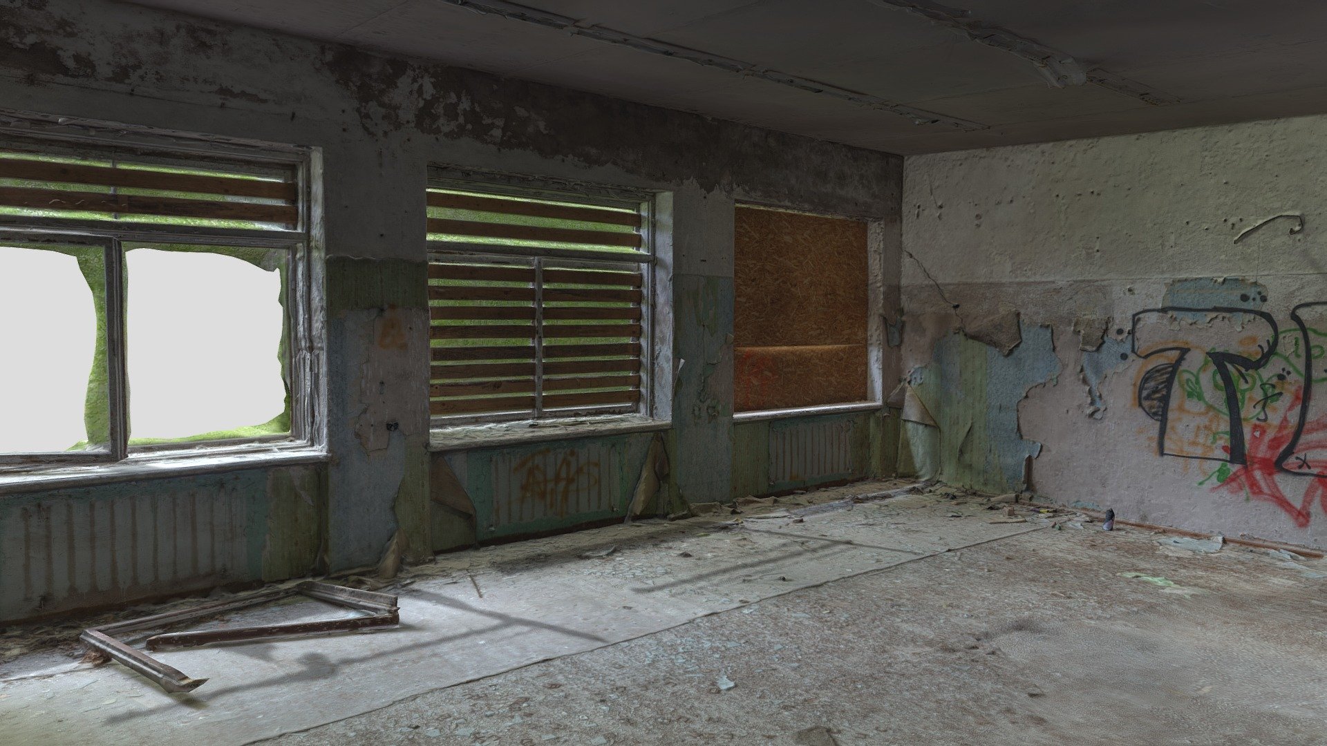 3D scan of a room in an abandoned soviet school.
Wooden planks covering some windows. 
With normal map.