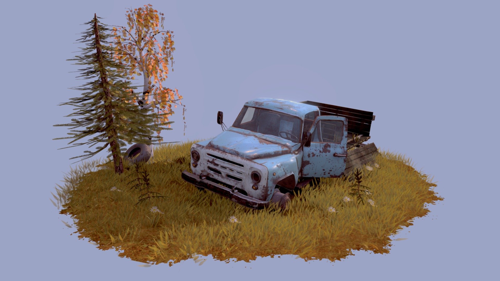 based on prev model https://sketchfab.com/3d-models/old-truck-7d042df049da45fbb77123117ba6f418

abandoned classic trees grass truck  old rusty vechicle gameart substancepainter car transport