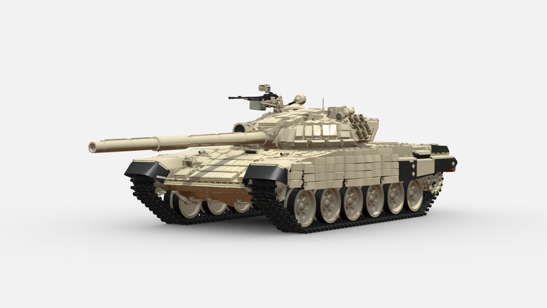 This high-quality 3D model is a detailed representation of the T-72B tank, a Soviet-designed main battle tank that has seen extensive use in various conflicts around the world. The model features accurate proportions, intricate surface detailing, and is optimized for use in simulations, games, or visualizations.