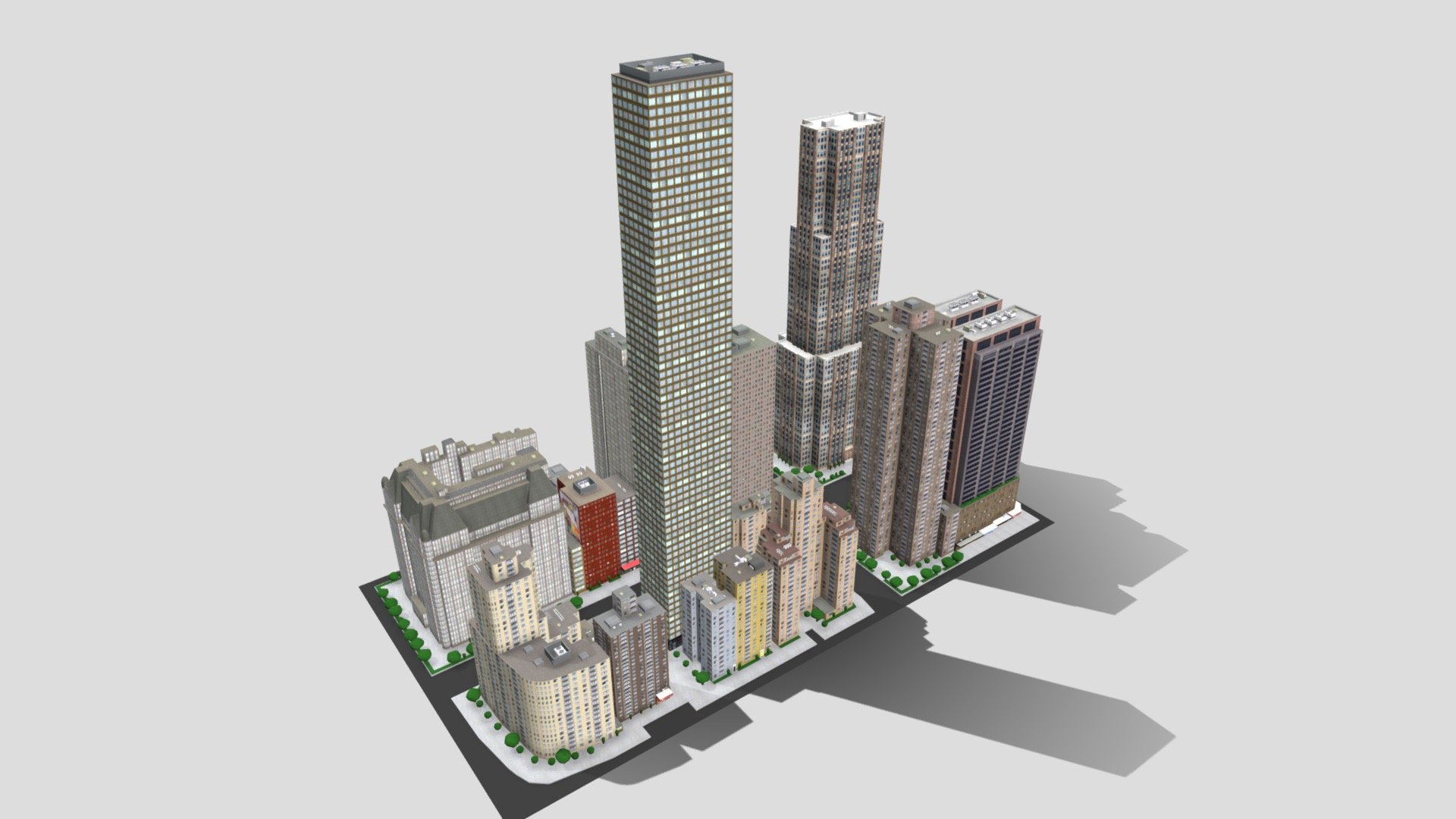 Low poly city block based on New York City ideal for game engines and VR.

Includes high-resolution color textures for Building facade, Shop-fronts, Trees, Footpath, and Roof air conditioning plant.
