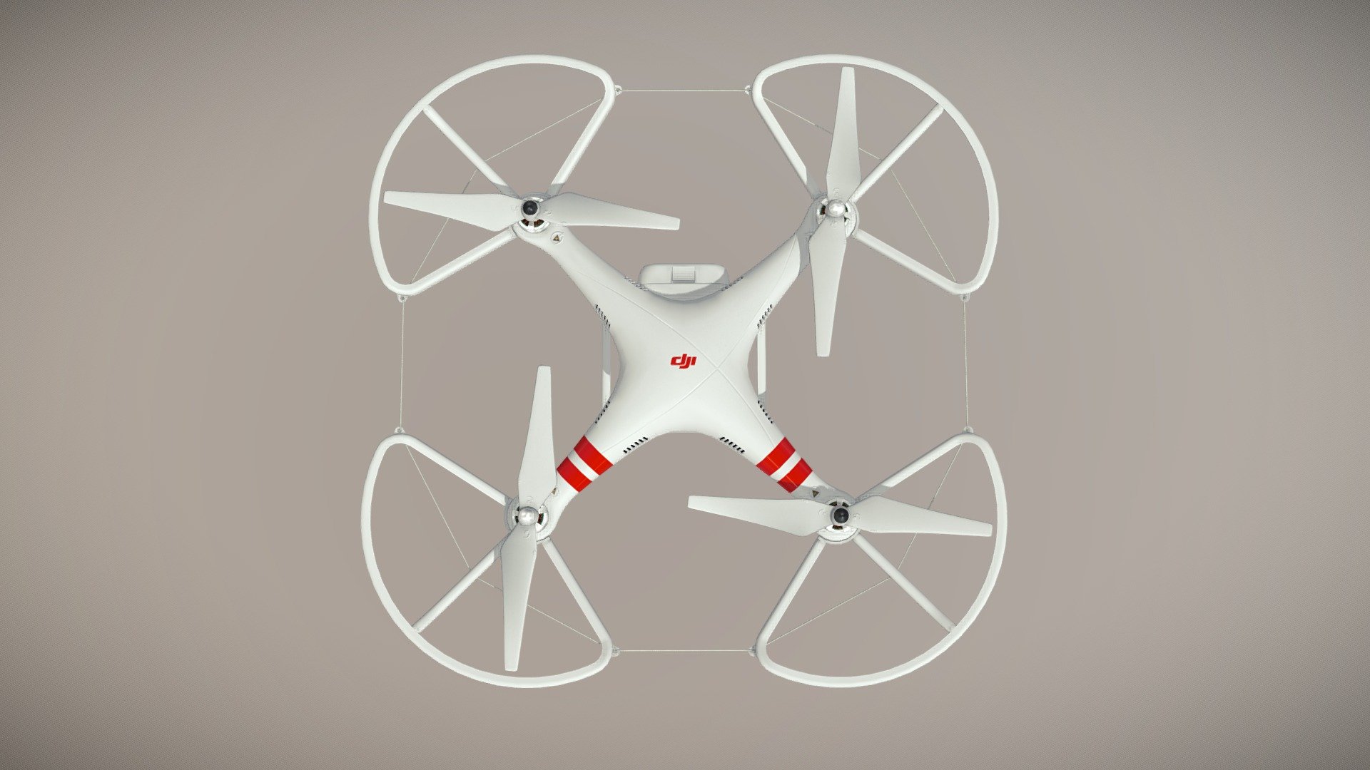 •   Let me present to you high-quality low-poly 3D model DJI Phantom 2 Quadcopter with Propeller Guard without camera. Modeling was made with ortho-photos of real quadcopter that is why all details of design are recreated most authentically.\n\n•    This model consists of a few meshes, it is low-polygonal and it has only one material.\n\n•   The total of the main textures is 5. Resolution of all textures is 4096 pixels square aspect ratio in .png format. Also there is original texture file .PSD format in separate archive.\n\n•   Polygon count of the model is – 16756.\n\n•   The model has correct dimensions in real-world scale. All parts grouped and named correctly.\n\n•   To use the model in other 3D programs there are scenes saved in formats .fbx, .obj, .DAE, .max (2010 version).\n\nNote: If you see some artifacts on the textures, it means compression works in the Viewer. We recommend setting HD quality for textures. But anyway, original textures have no artifacts.