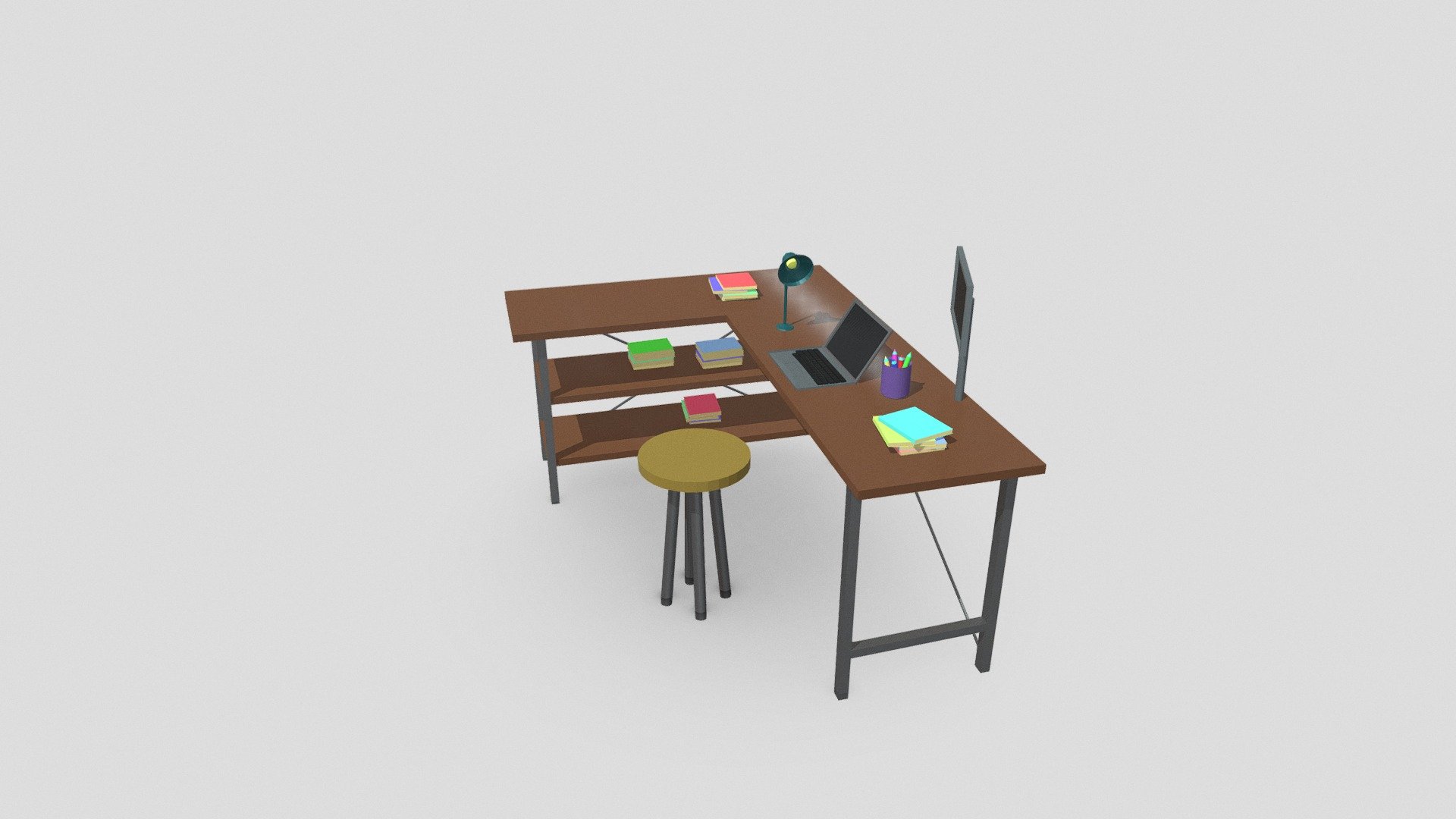 notebook on desk, with books, pencil, lamp and screen&hellip;