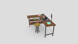 laptop home office world, globe, pc, earth, miniature, desktop, table, spade, book, lowpoly, chair, design, car, wood