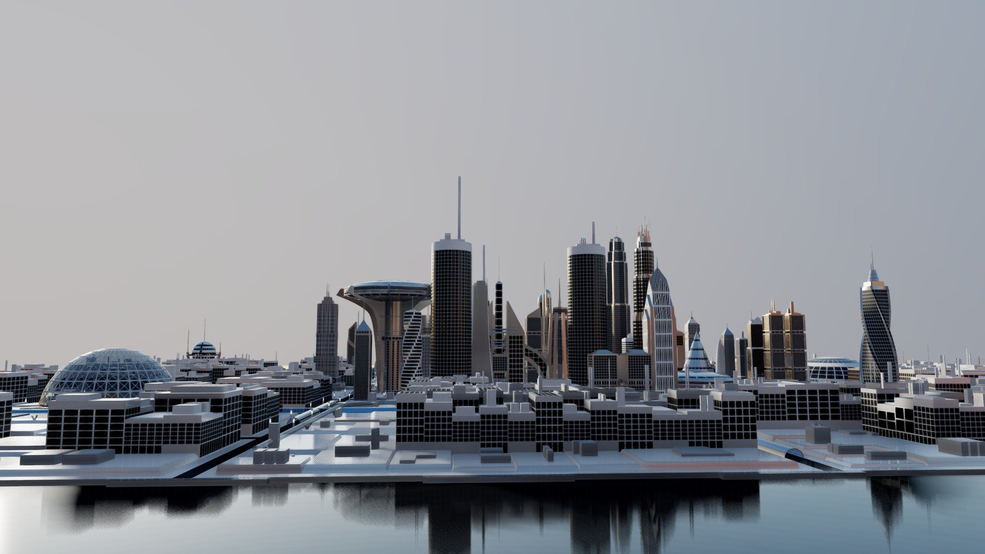 This scene contains a cityscape layout with over 50 detailed lowpolygon buildings,over 50 lowpolygon backdrop buildings, futuristic transport system, and a futuristic road network.
The building facade details and reflection were created using simple grey scale textures, opacity maps, and masks
All textures are in power of 2 jpeg format.