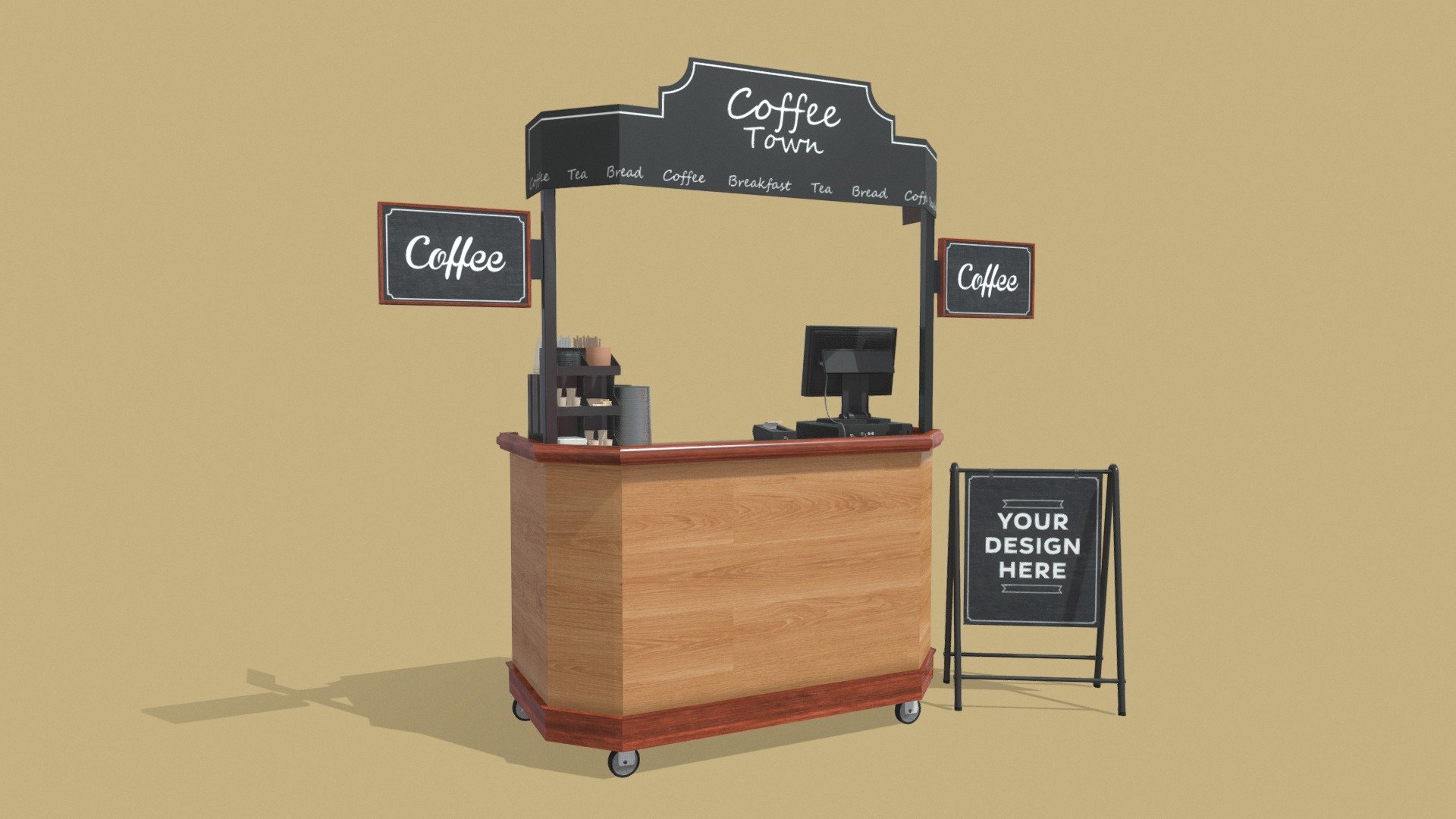 Food Stand - Cart 4

Polycount:




Accesories (coffee condiment organizer, advertising stand, cashier machine and kettles): Polys: 195871, Verts: 193952

Just the Food Stand: Polys: 11334, Verts: 10488

Textures Included:




5 different woods

2 Floor Banner (one with &lsquo;'your design here'' text and another just with the blackboard background)

Top Banner

Brushed Steel (Kettle)

Cream lid

2 Side Banners (one with &lsquo;'Coffee'' text and another just with the blackboard background)

Sugar bag

IMPORTANT NOTES:




This model does not include materials, but they are on separate objects, so you can assign your own easily.

Just the parts with texture have Unwrapped UVs

Model units are on meters.

If you have any questions about this model, you can send us a message.