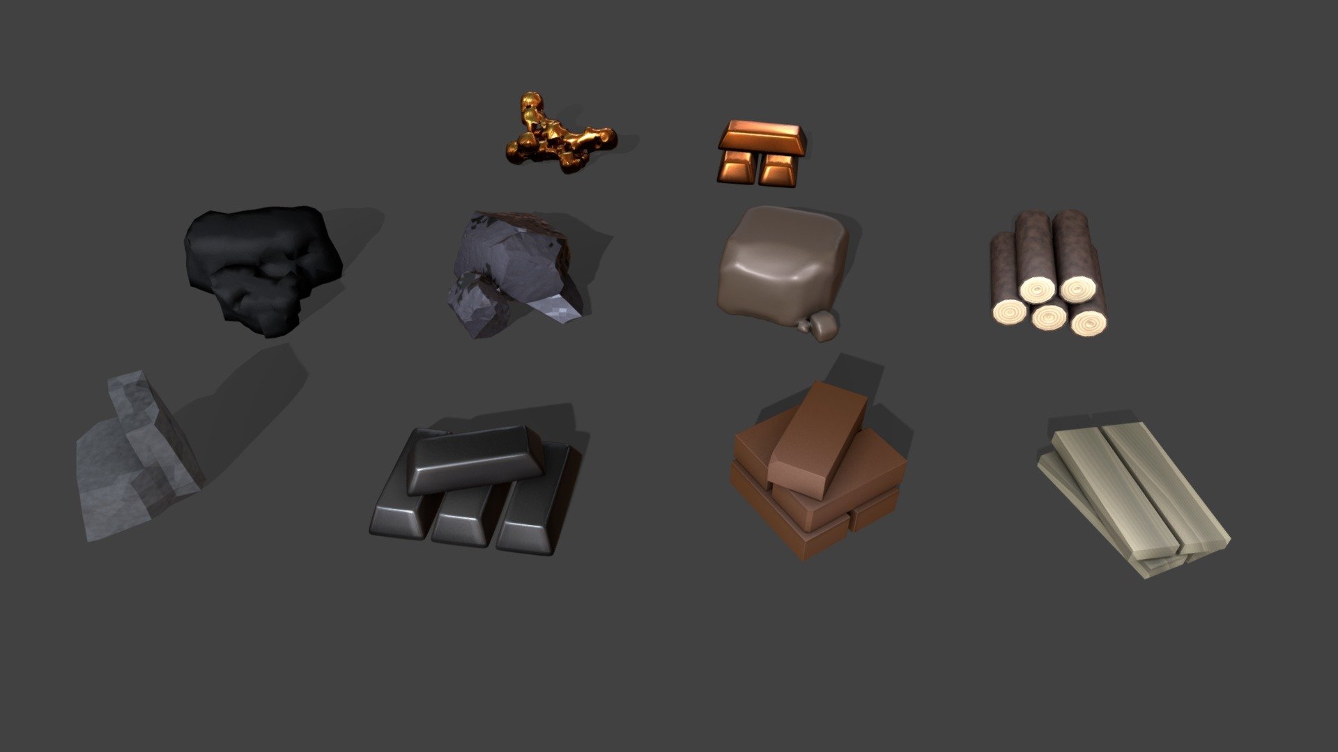 Raw materials. Each model has 1024 x 1024 size texturemap, which is a combined bake, and models are shown here with just the one texture applied.
Coal,Stone,iron ore, Iron Ignot, clay, bricks, wood, timber, gold, and gold ignot.