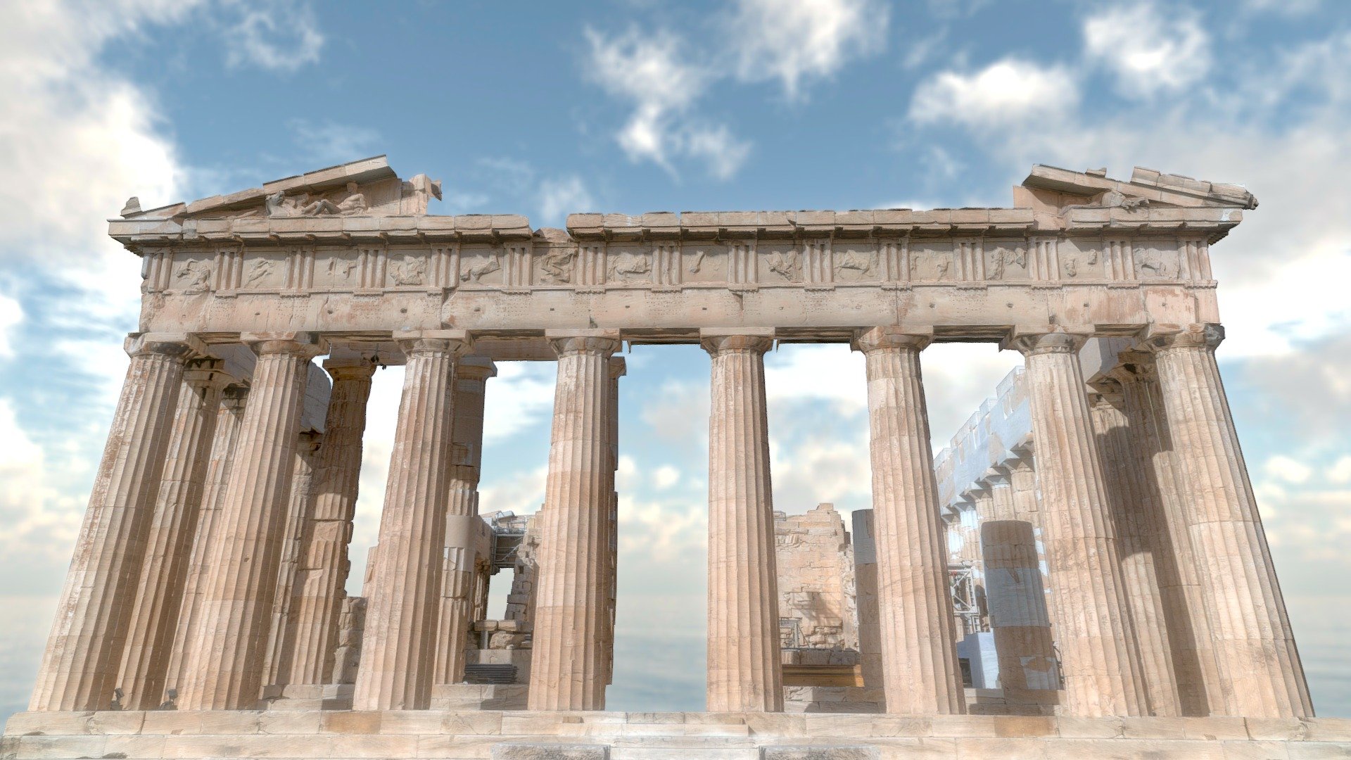 [Turn HD on viewer] Photogrammetry of the east pediment. I added a centered pictured projected on a plane, to help having a better overview of the Parthenon east side.

If you are interested about the process I made a video about it

You can use this model freely in your educational or non-profit projects as the license is : CC Attribution-NonCommercial

I'll upload more of my ancient Greece scans collection, mostly under the same license.



Construction scan No. 1

Ancient Greece collection