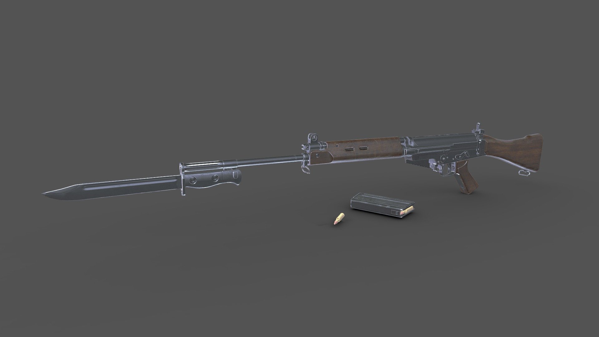L1A1 Self-Loading Rifle




Low-poly ready to use in AR/VR Games (14,200 tris).

separate objects for animation.

textures are in PNG format 4096x4096 PBR metalness 1 set.

File Units: Centimeter.

Available formats: MAX 2018 and 2015, OBJ, MTL, FBX.

If you need any other file format you can always request it.

All formats include materials and textures.
