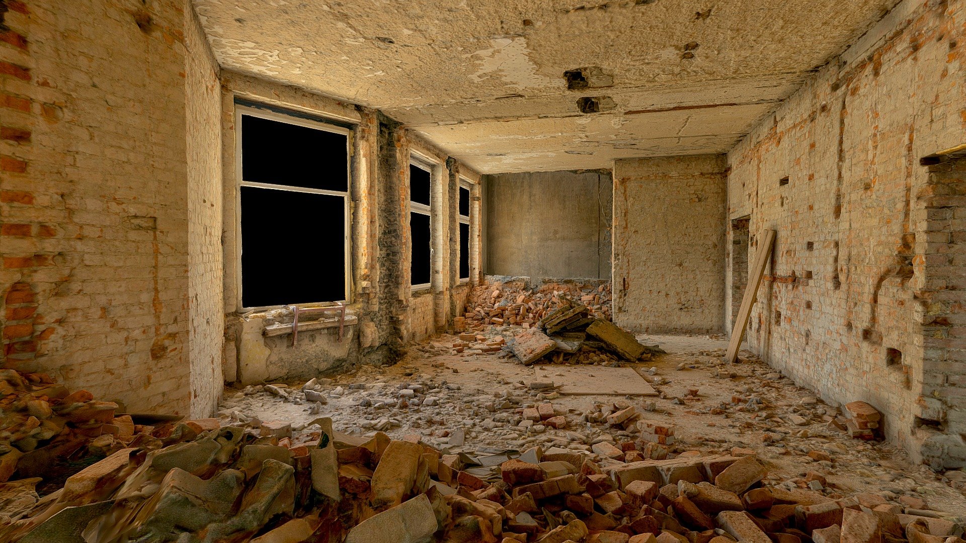 Room under renovation with brick rubble.

Model 3D created in RC from 430 images (sony a6000)

Download version:

FBX Triangles: 1 mln Textures: 6x8192x8192u1v1 jpg + normal

FBX Triangles: 10 mln Textures: 8x8192x8192u1v1 jpg + normal

All normal maps generated from 3D model with 40 mln triangles.

If you need re-exporting or are interested in source images, please email me.

If you like my work leave a like or comment and follow me for more! Thanks :)















