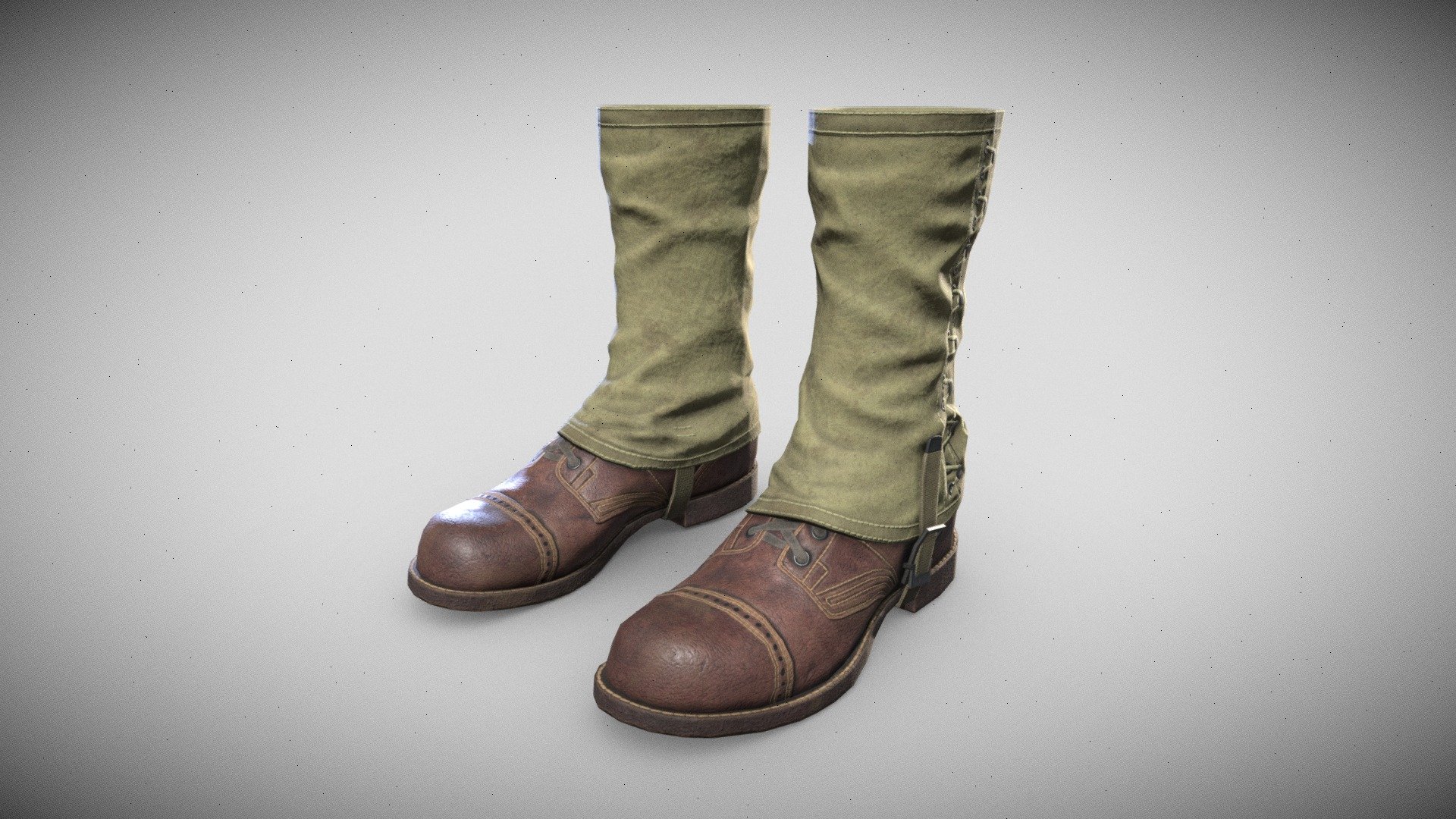 Game-Ready PBR low-poly model of US WW2 a Tactical Boots.
All materials and textures are included.
The textures of the model are applied with UV Unwrap.
Normal map was baked from a high poly model.
Including 3dsmax and Blender, OBJ and FBX.

1832 polygons
3004 triangles
1508 vertices

Maps:

boot_Normal.tga, boot_Specular.tga, boot_Metallic.tga, boot_AO.tga, boot_Diffuse, boot_Cavity.tga, boot_Glossiness.tga, boot_Roughness.tga, boot_BaseColor.tga (4096x4096)