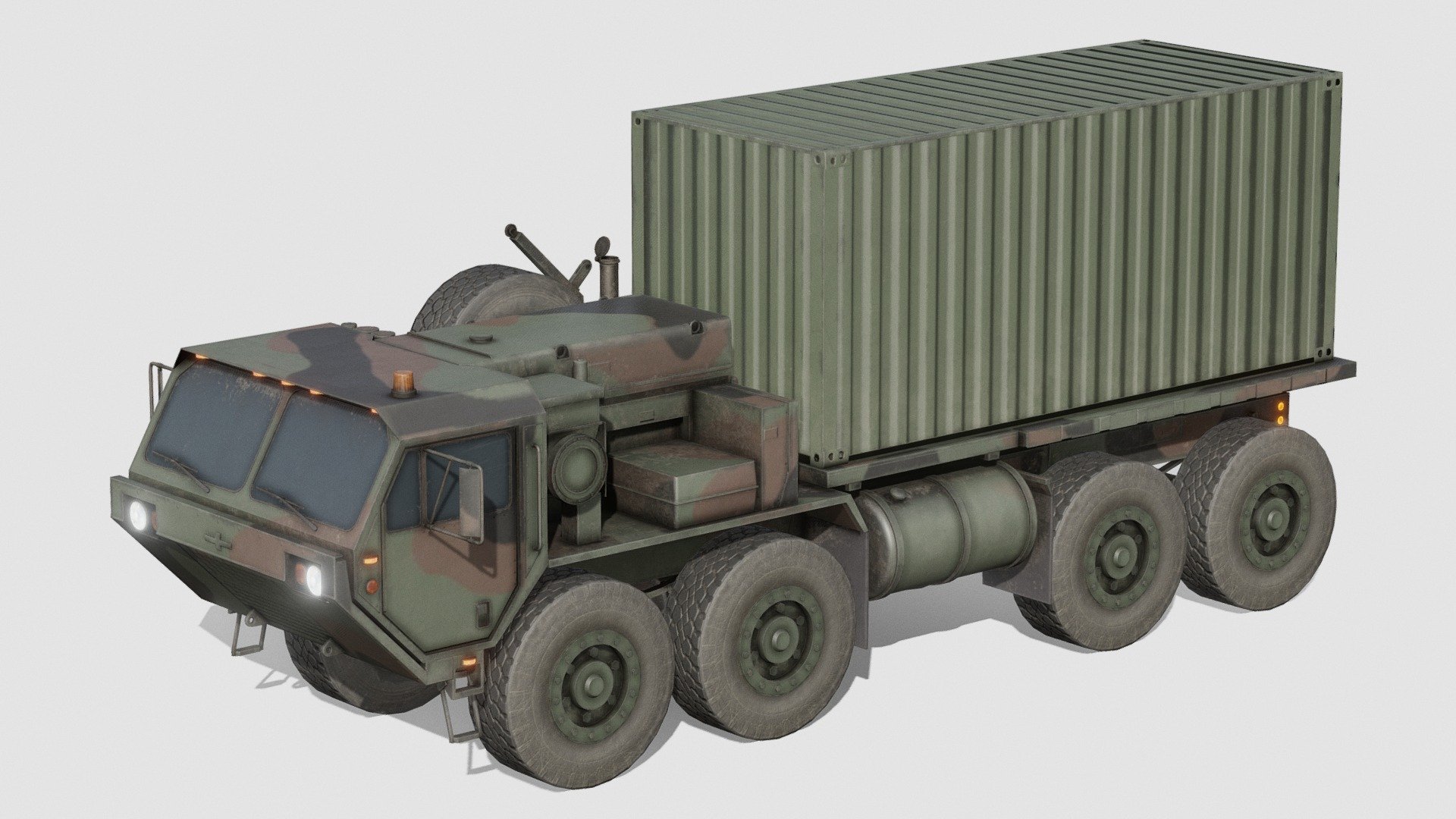 AVAILABLE ON FAB
Check out this collection for more: US army vehicle models

The Heavy Expanded Mobility Tactical Truck (HEMTT) is an eight-wheel drive, diesel-powered, 10-short-ton tactical truck. The M977 HEMTT first entered service in 1982 with the United States Army as a replacement for the M520 Goer, and since that date has remained in production for the U.S. Army and other nations. Current variants have the A4 suffix.

The 10×10 Logistic Vehicle System Replacement (LVSR) is the United States Marines Corps' (USMC) equivalent to the U.S. Army's 8×8 HEMTT and 10×10 Palletized Load System (PLS). The USMC do not use the HEMTT or PLS, and the Army does not use the LVSR, but both services use a common trailer (M1076) with all three truck types.