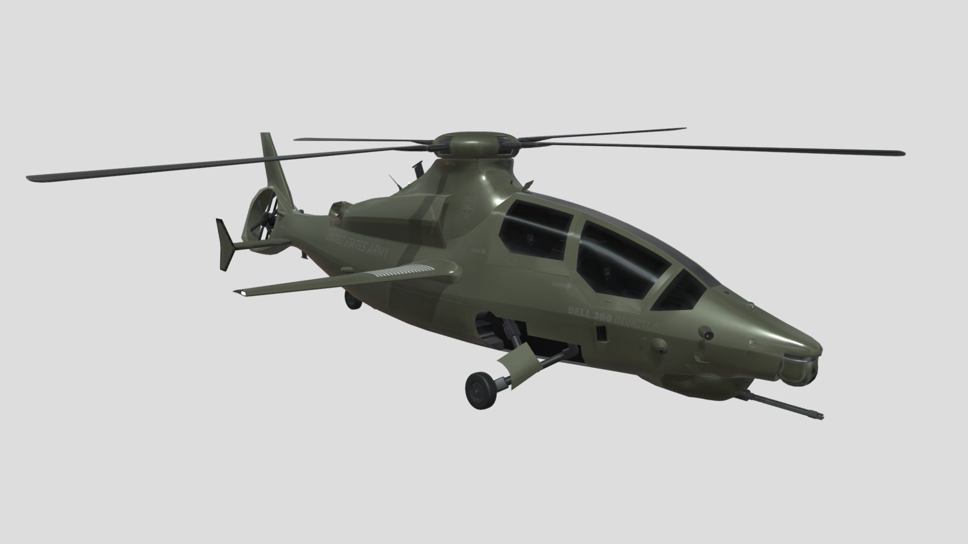 BELL 360 INVICTUS

The Bell 360 Invictus was a proposed helicopter design intended to meet the United States Army requirement for a Future Attack Reconnaissance Aircraft.

Includes:




The Bell 360 Invictus helicopter model.

Model Textures.

Polygons: 48,871
Vertices:  55,846

Textures size - 4096 x 4096
Texture map types:




Base Color

Normal

Roughness

Metallic

Emissive
