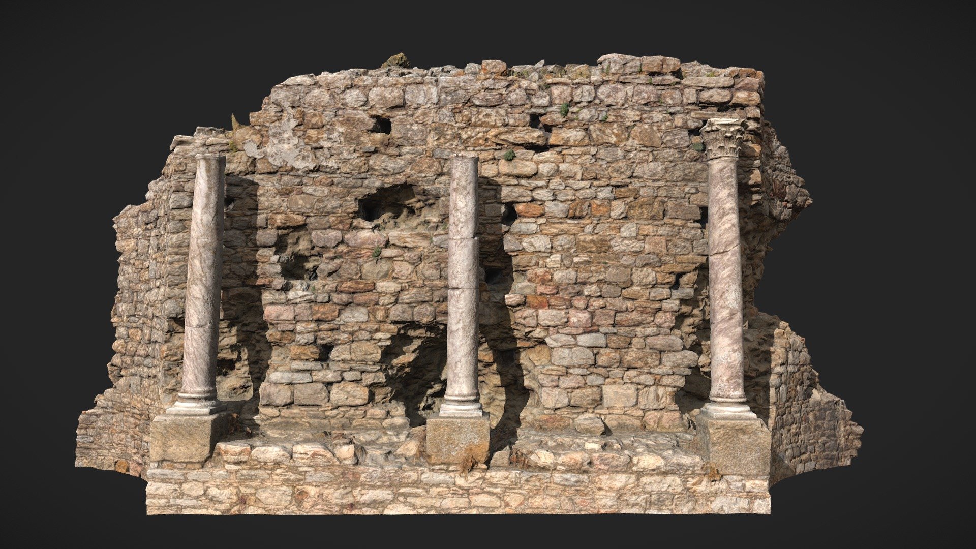 A part of a old roman colosseum. Scanned in the south of Spain.

This is the one model of three wall pieces I've scanned from the colosseum.

Captured in neutral lighting conditions. Feel free to rotate the lights.

Stone bridge scan with 8K PBR textures:




Albedo

Normal

Roughness

Displacement

Ambient Occlusion (4K)

Rendered in Cycles with displacement + adaptive subdivions:


Additional Files contain:




blender source file + packed textures

.fbx

.obj

textures

Please let me know if something is not working as it should.

Realistic Castle Wall Ruin Scan